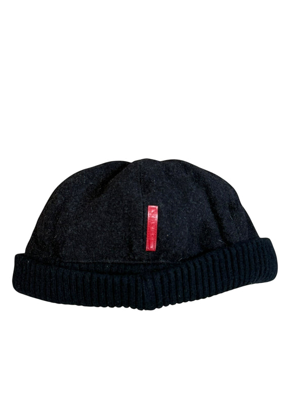 Archive No.9 black 100% wool Prada Sport beanie with red logo detail and ribbed brim.