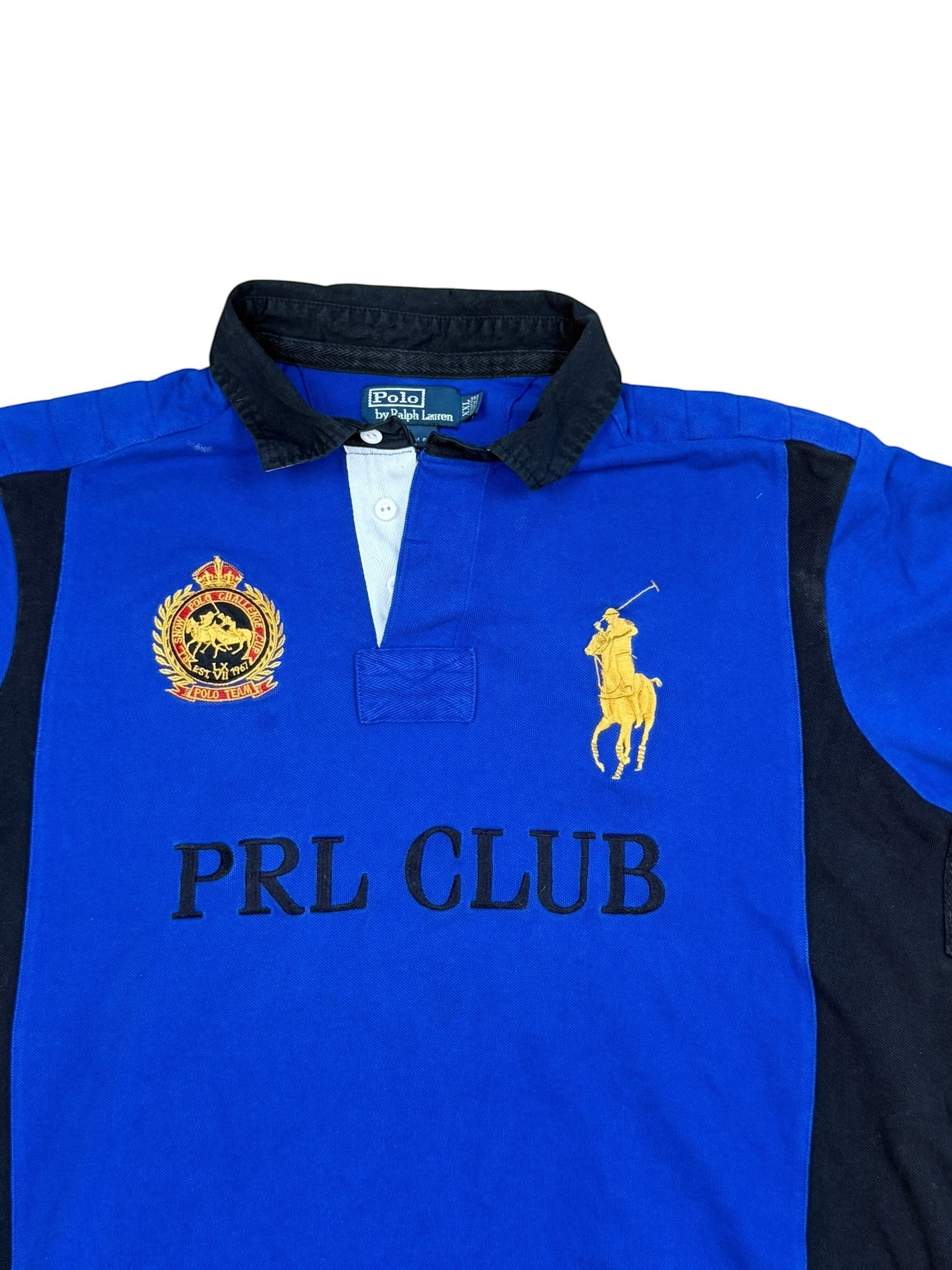 Archive No. 9 Ralph Lauren 2000s blue polo shirt with large yellow horse logo and PRL CLUB text. Features black collar and side panels.