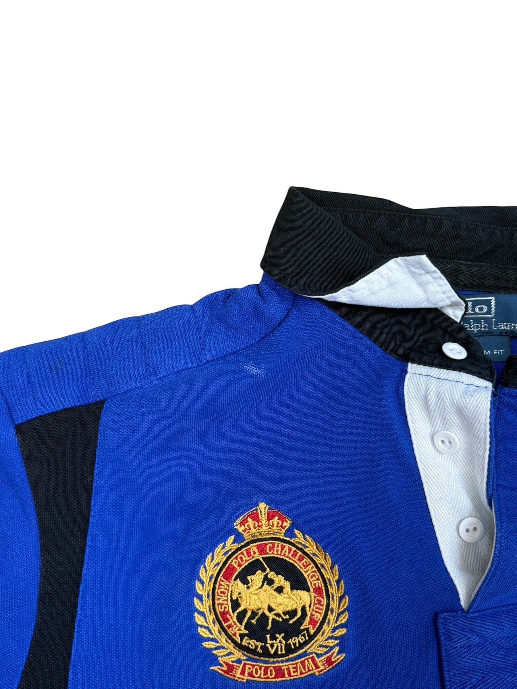 Archive No. 9 Ralph Lauren blue polo shirt with large embroidered crest and black collar. Size XL.