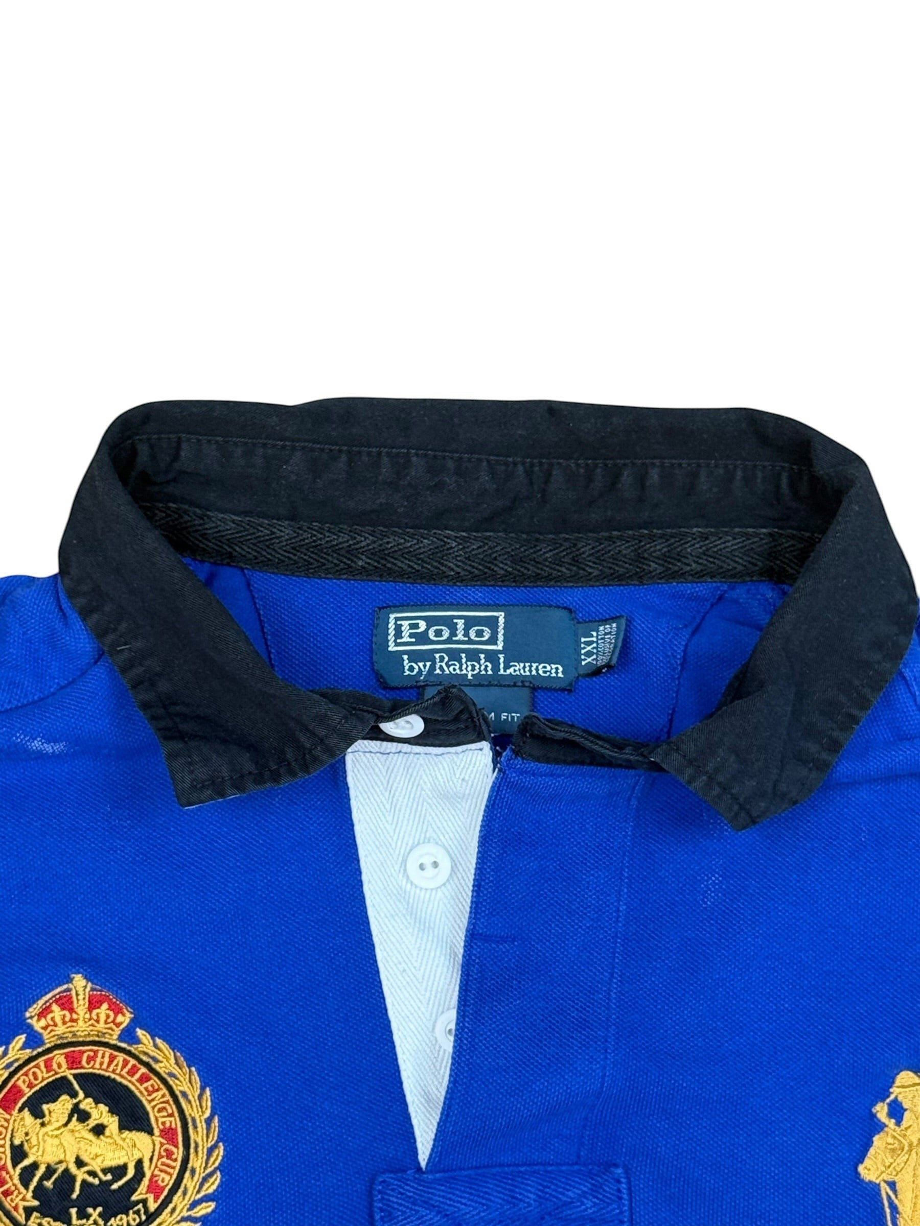 Archive No. 9 Ralph Lauren blue 2000s polo shirt with large horse badge and black collar. Size XXL fits XL.
