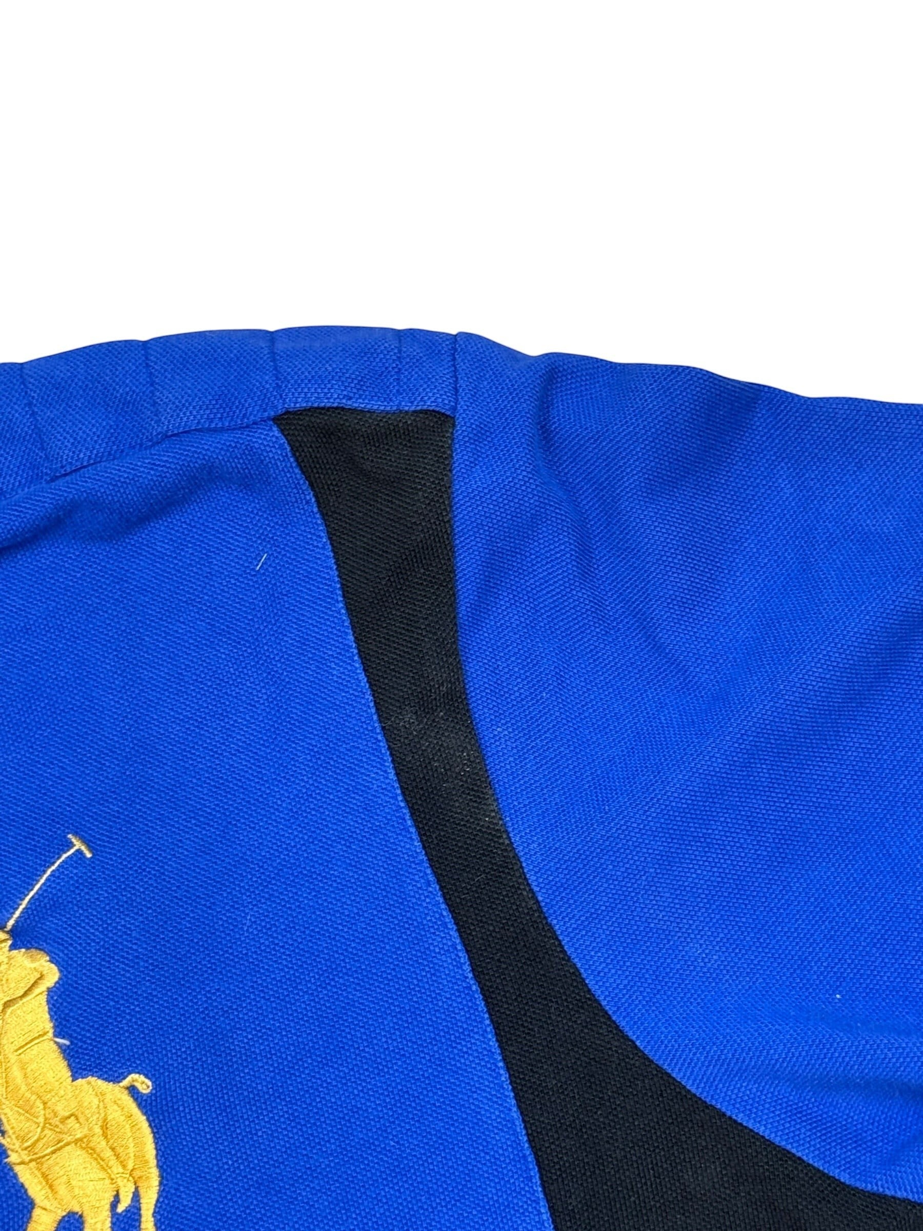 Archive No. 9 Ralph Lauren blue polo shirt with large yellow horse logo and black panel detail. Size XL.