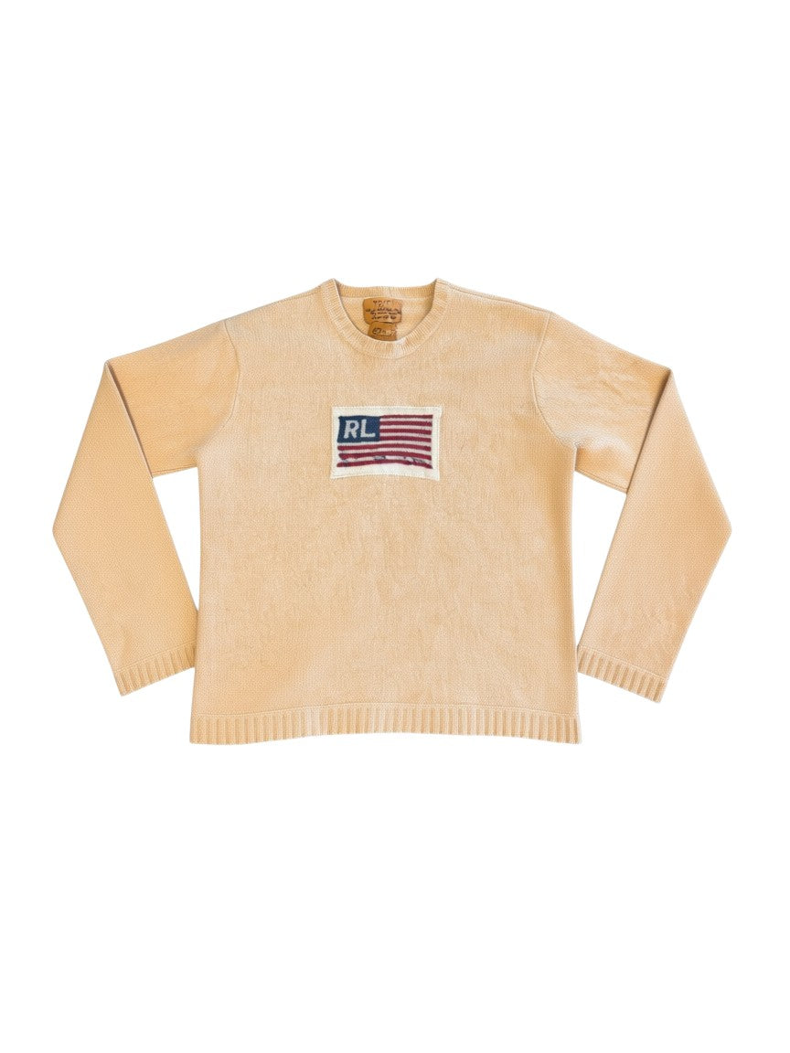 Archive No. 9 vintage Ralph Lauren cream lambswool sweater with RL flag detail, size Small.