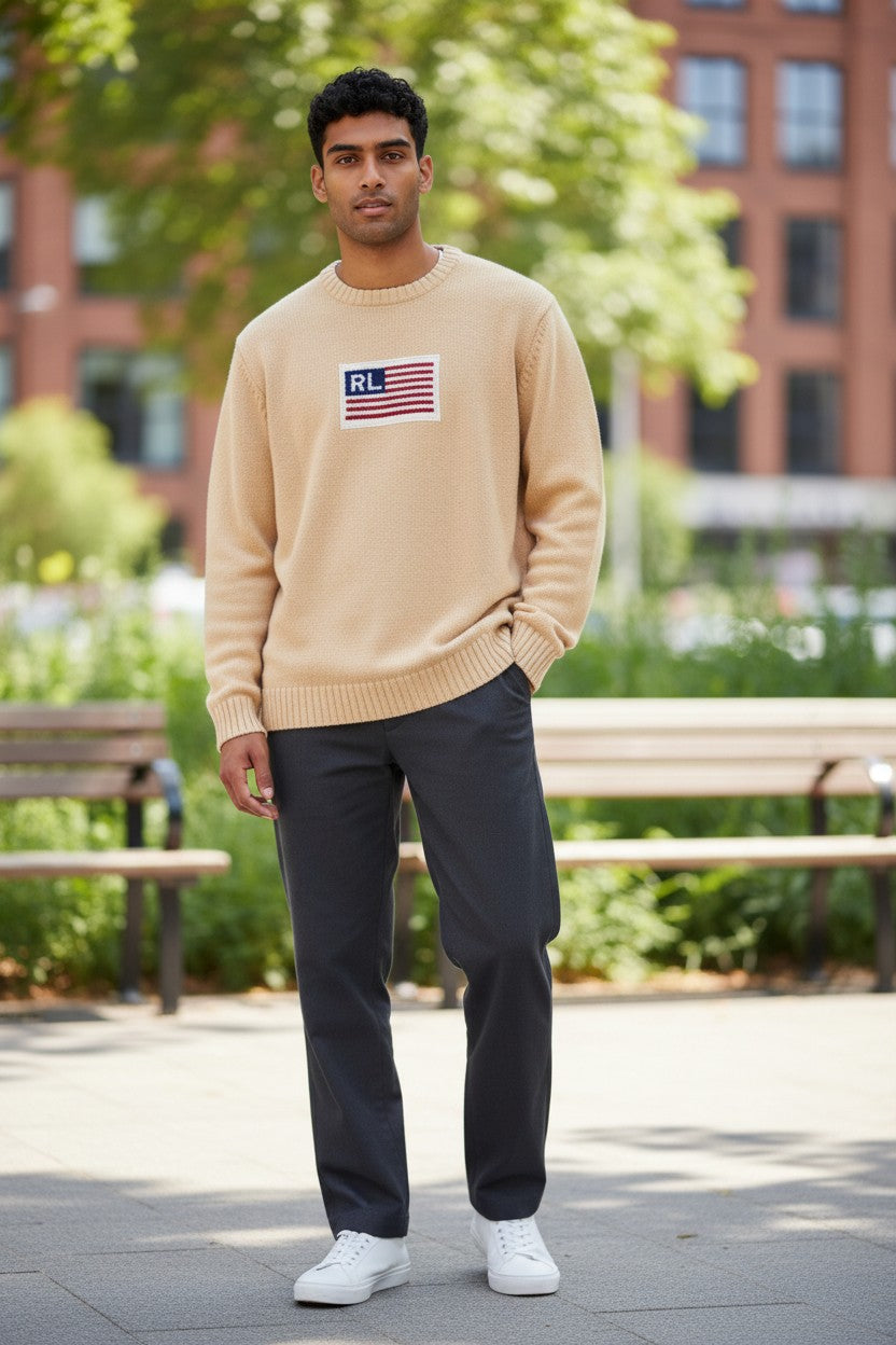 Archive No. 9 Ralph Lauren cream lambswool sweater with RL flag detail. Size Small.