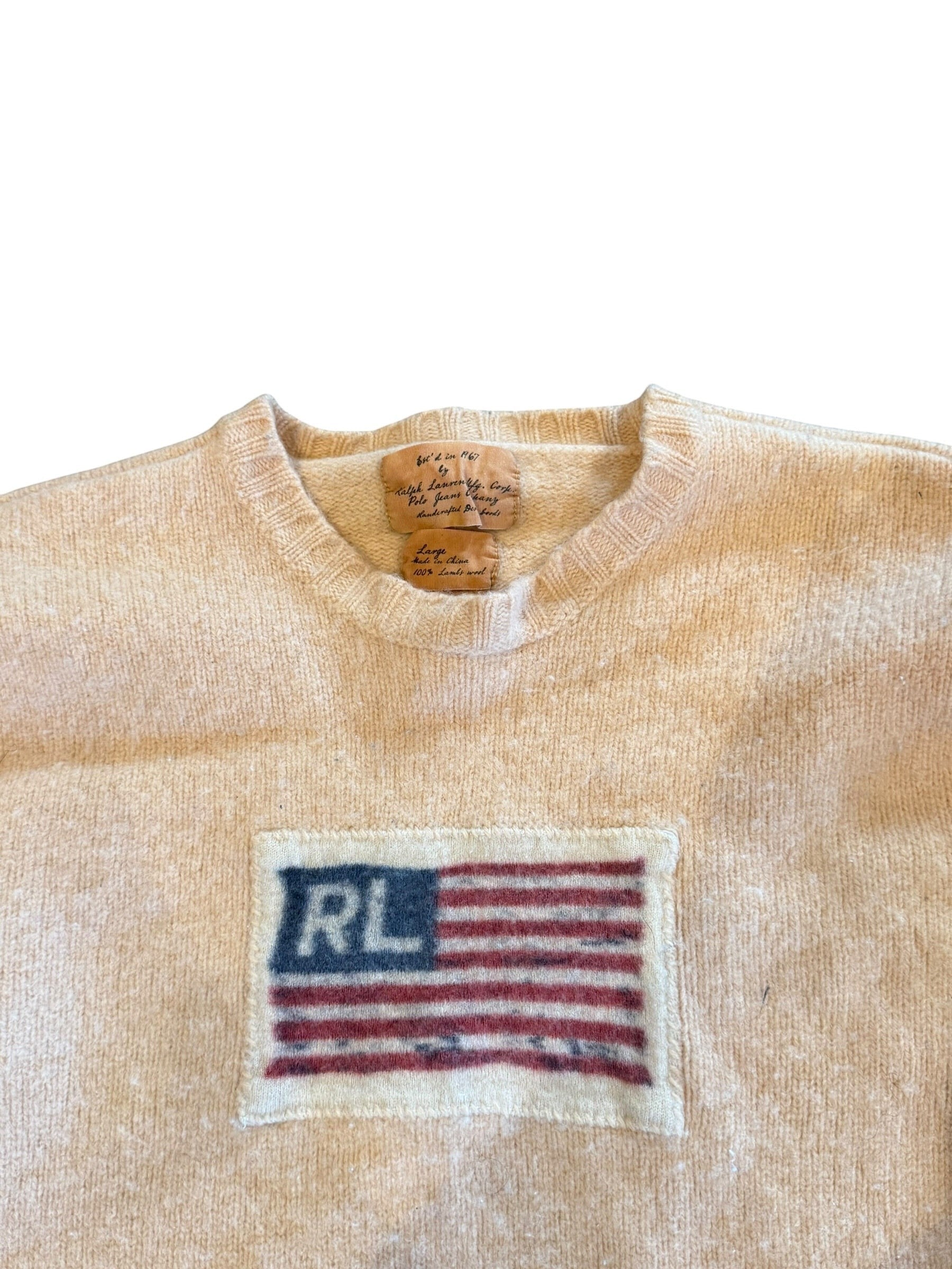 Archive No. 9 Ralph Lauren cream lambswool sweater with RL American flag patch. Size Small.