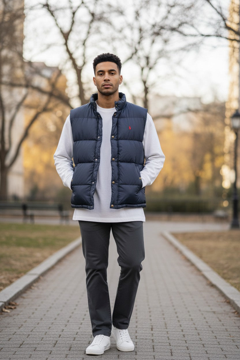 Archive No. 9 Ralph Lauren navy blue down-filled gilet vest with red embroidered logo, size XXL.