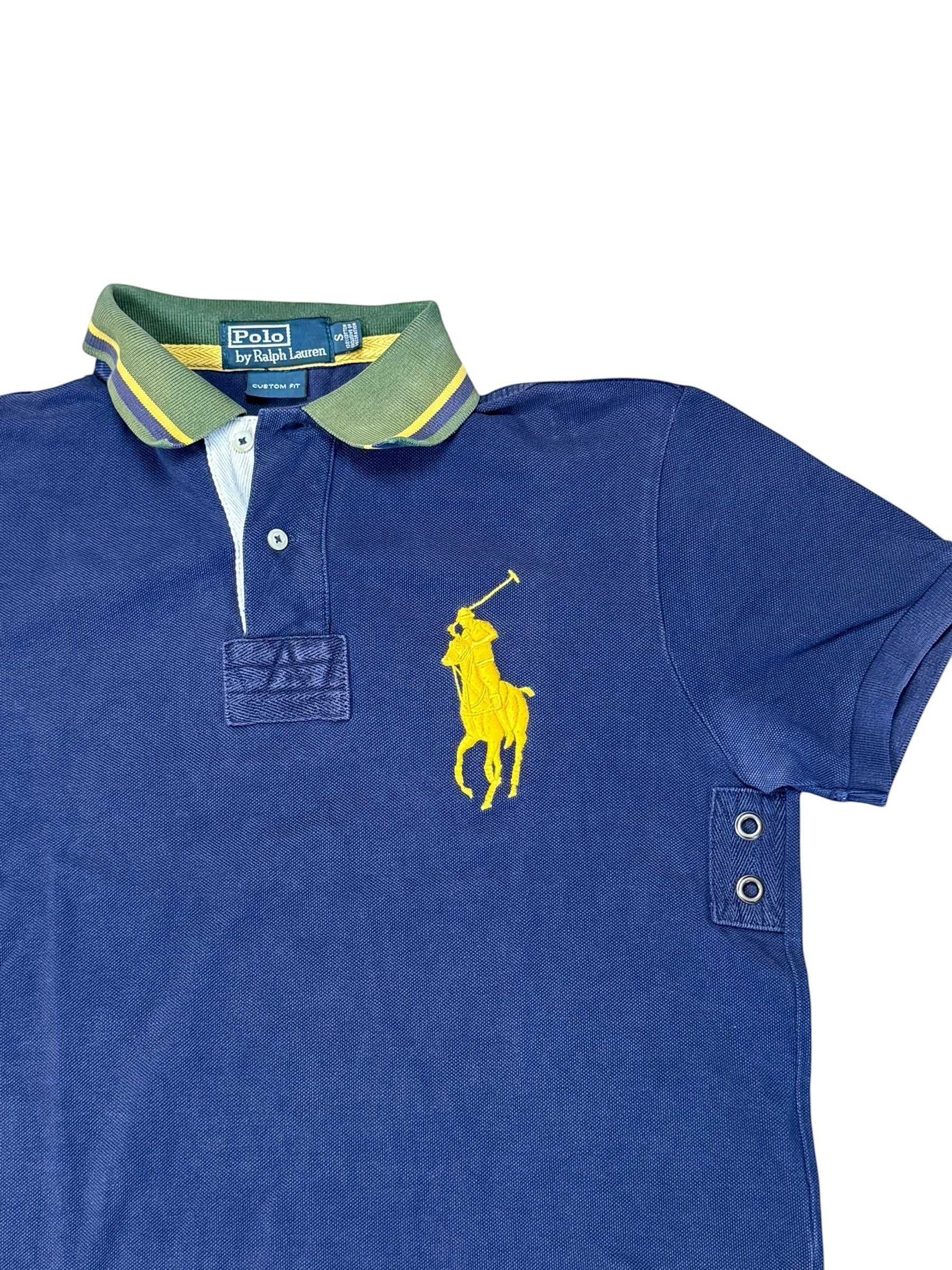 Archive No. 9 Ralph Lauren navy 100% cotton polo shirt with yellow embroidered logo and green/yellow striped collar, size S.