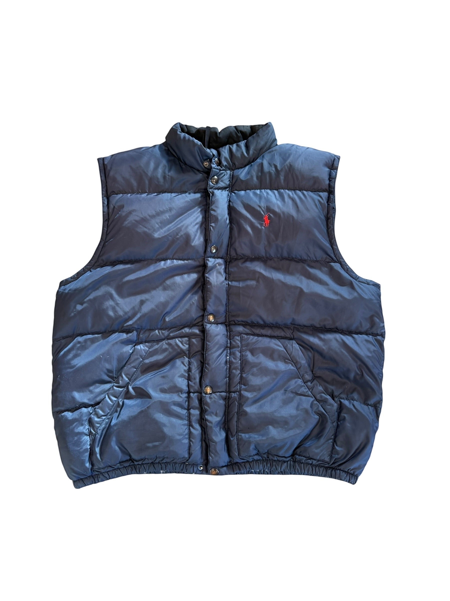 Archive No. 9 Ralph Lauren navy blue down-filled puffer gilet vest with red pony logo, size XXL.