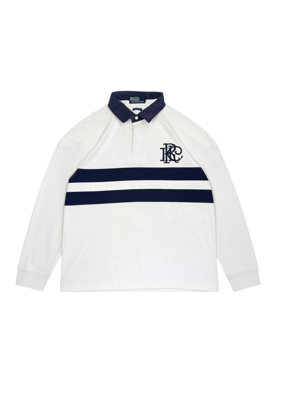 Archive No.9 Ralph Lauren vintage white cotton rugby shirt with navy stripes and embroidered logo. Size L.