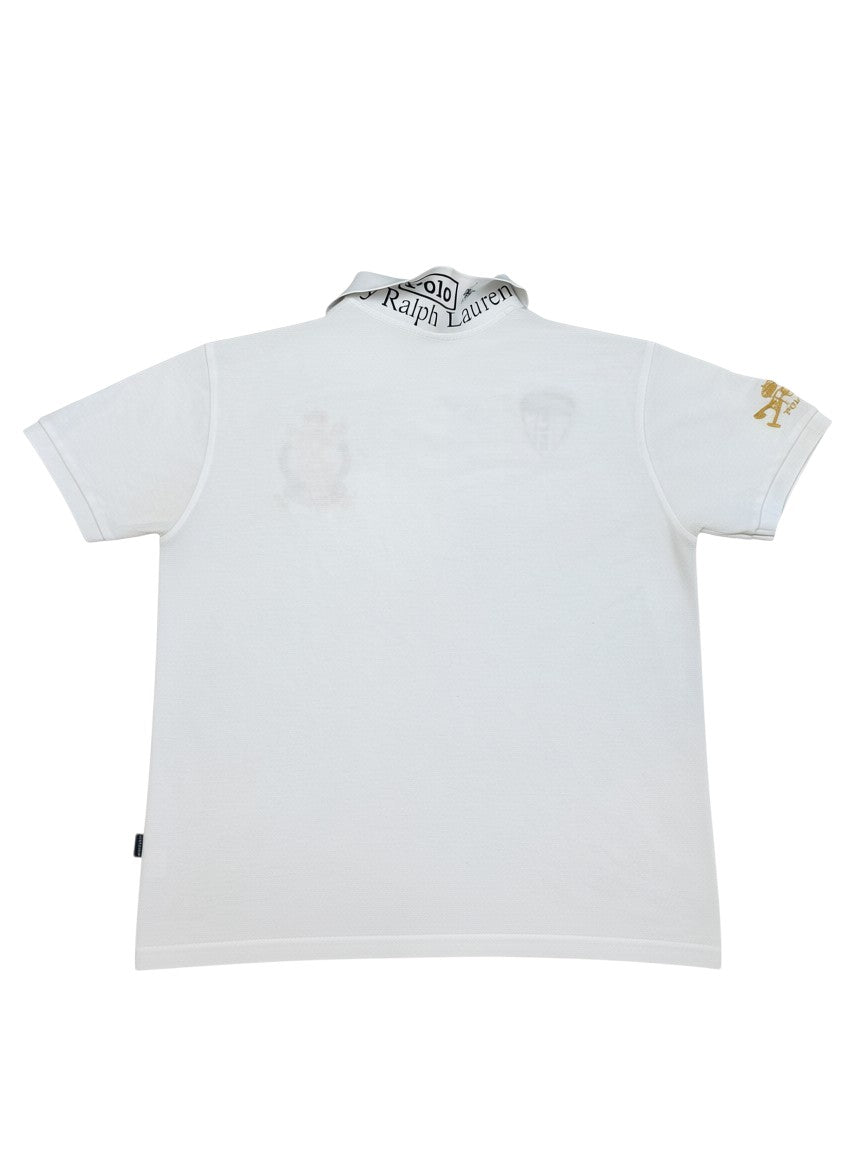Archive No. 9 white 100% cotton Ralph Lauren 2000s Italian design polo shirt, size L, with embroidered details.