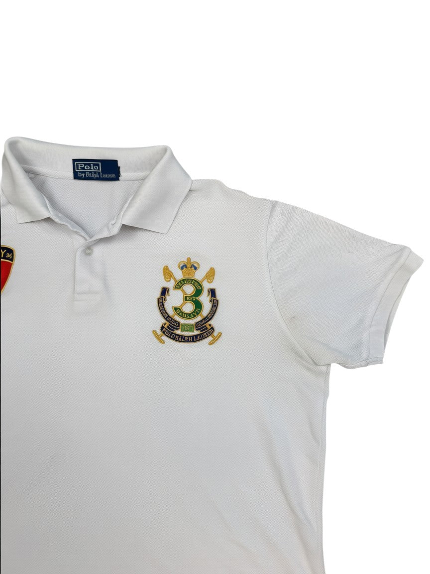 Archive No.9 white 100% cotton Ralph Lauren polo shirt with embroidered crest and 2000s Italian design.