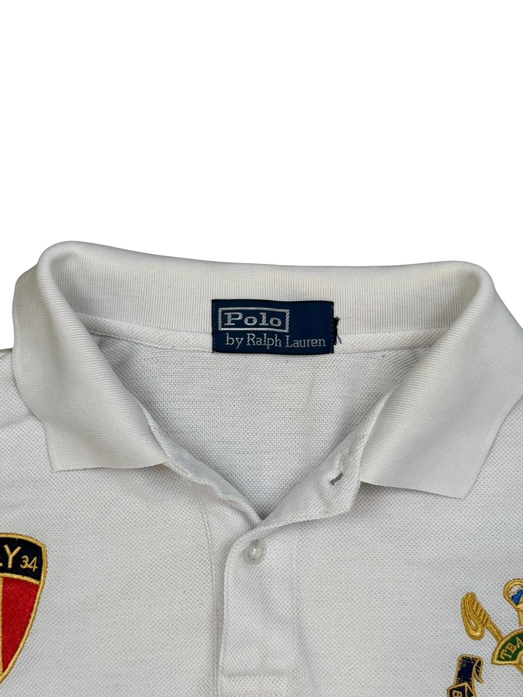 Archive No.9 Ralph Lauren 2000s white cotton polo shirt with Italian crest detail. Size L.