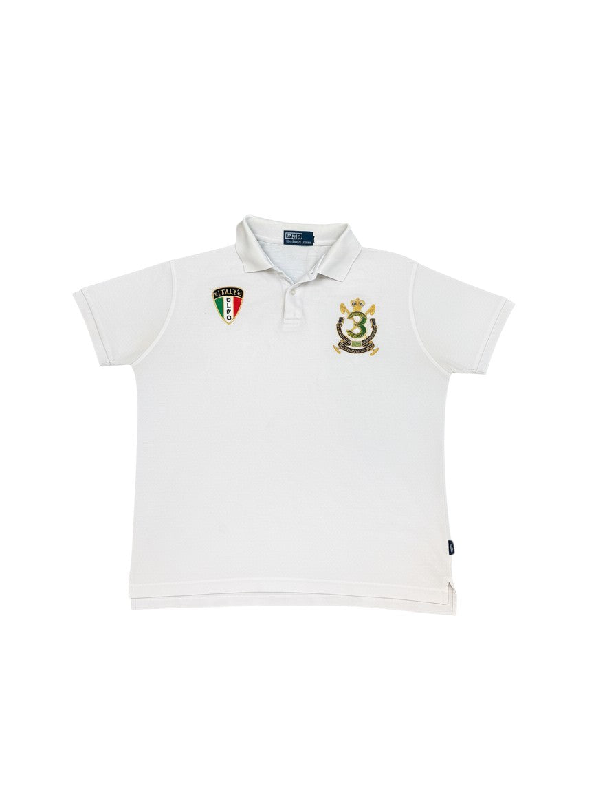 Archive No.9 white 100% cotton Ralph Lauren 2000s Italy polo shirt with embroidered crest and Italy RLPC logo.