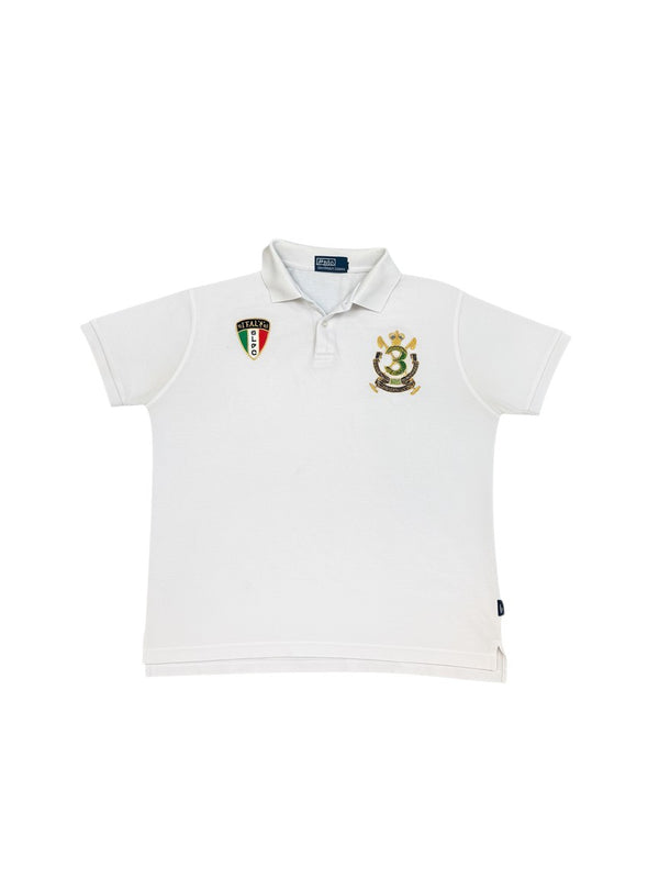 Archive No.9 white 100% cotton Ralph Lauren 2000s Italy polo shirt with embroidered crest and Italy RLPC logo.