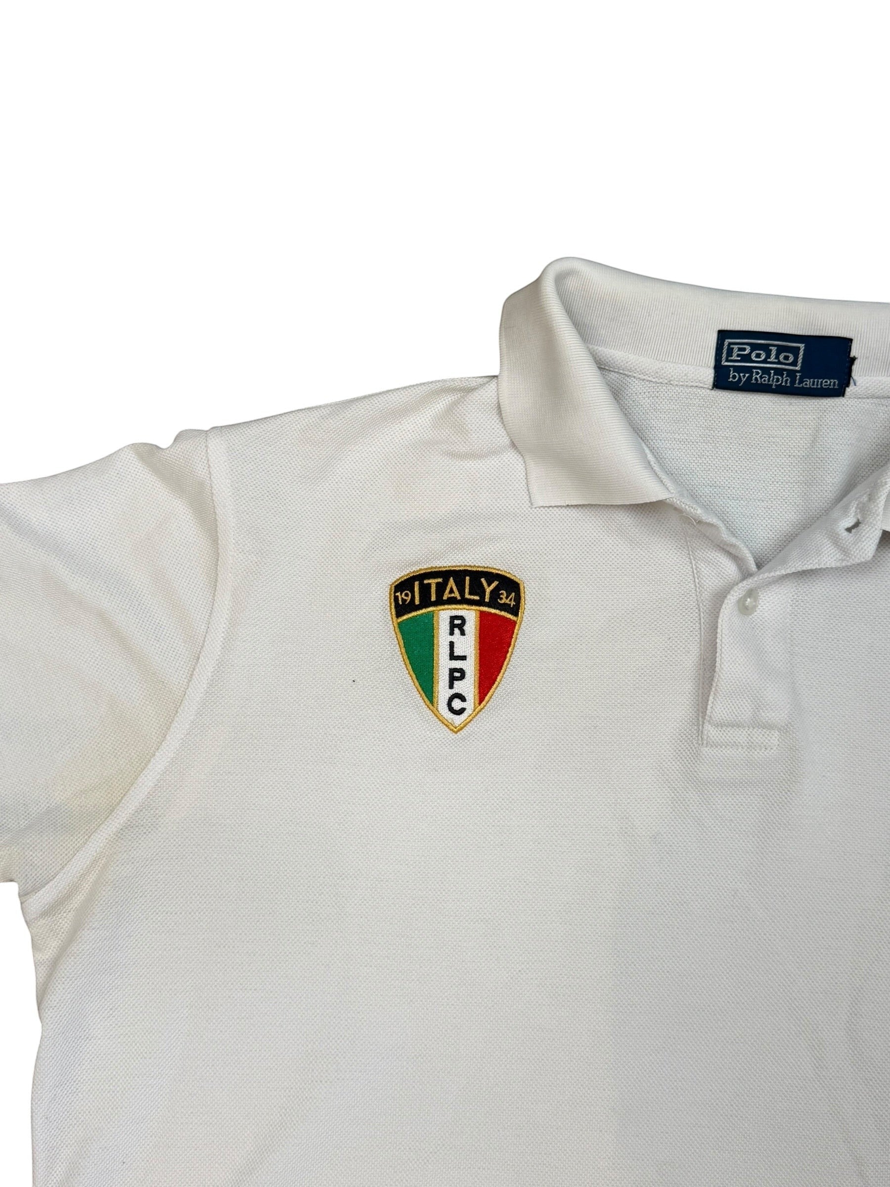 Archive No. 9 white 100% cotton Ralph Lauren polo shirt with Italian crest and 2000s vintage style, size L.