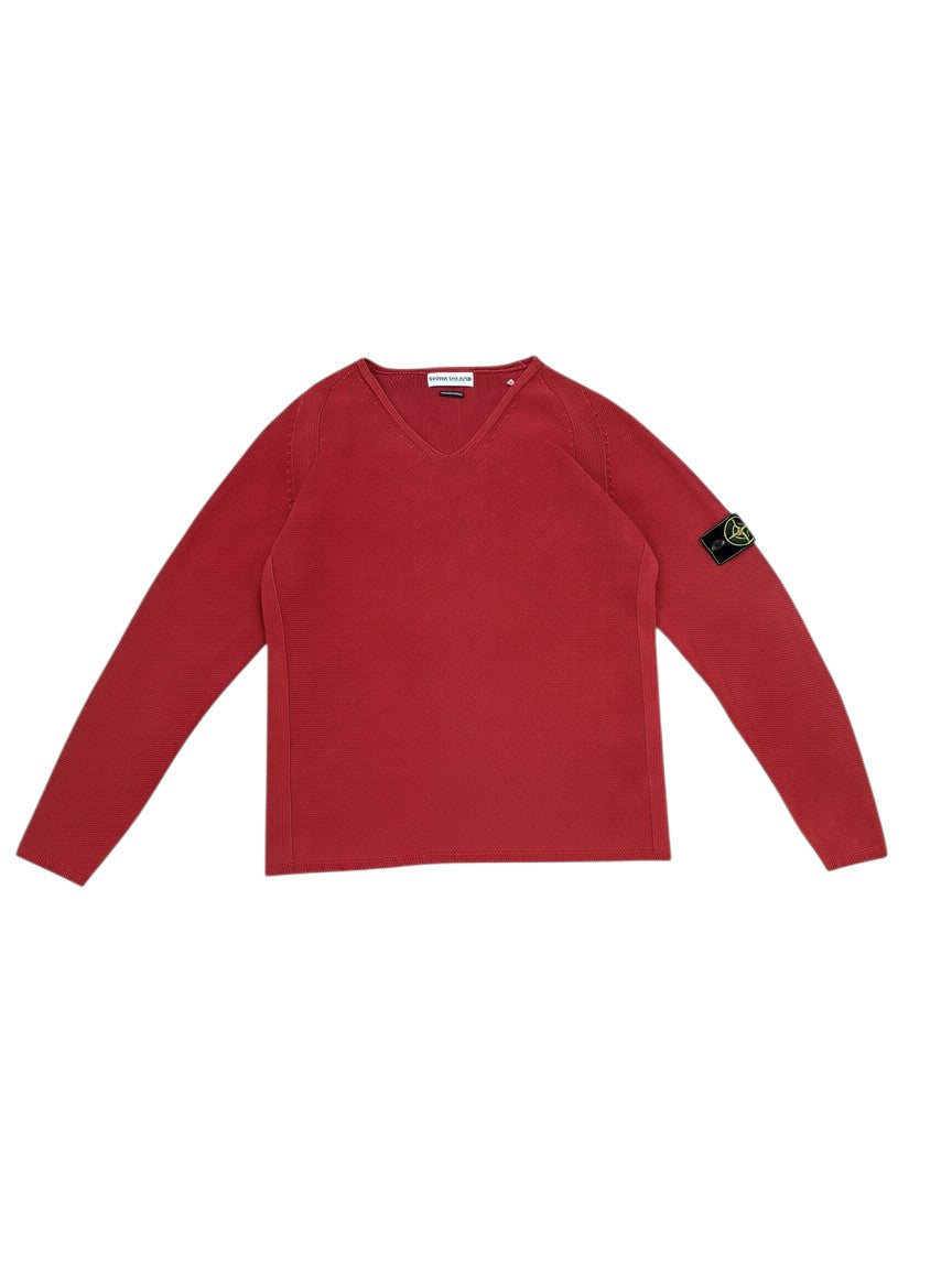 Archive No. 9 red 100% cotton Stone Island vintage knit jumper with v-neck and iconic logo badge on sleeve.