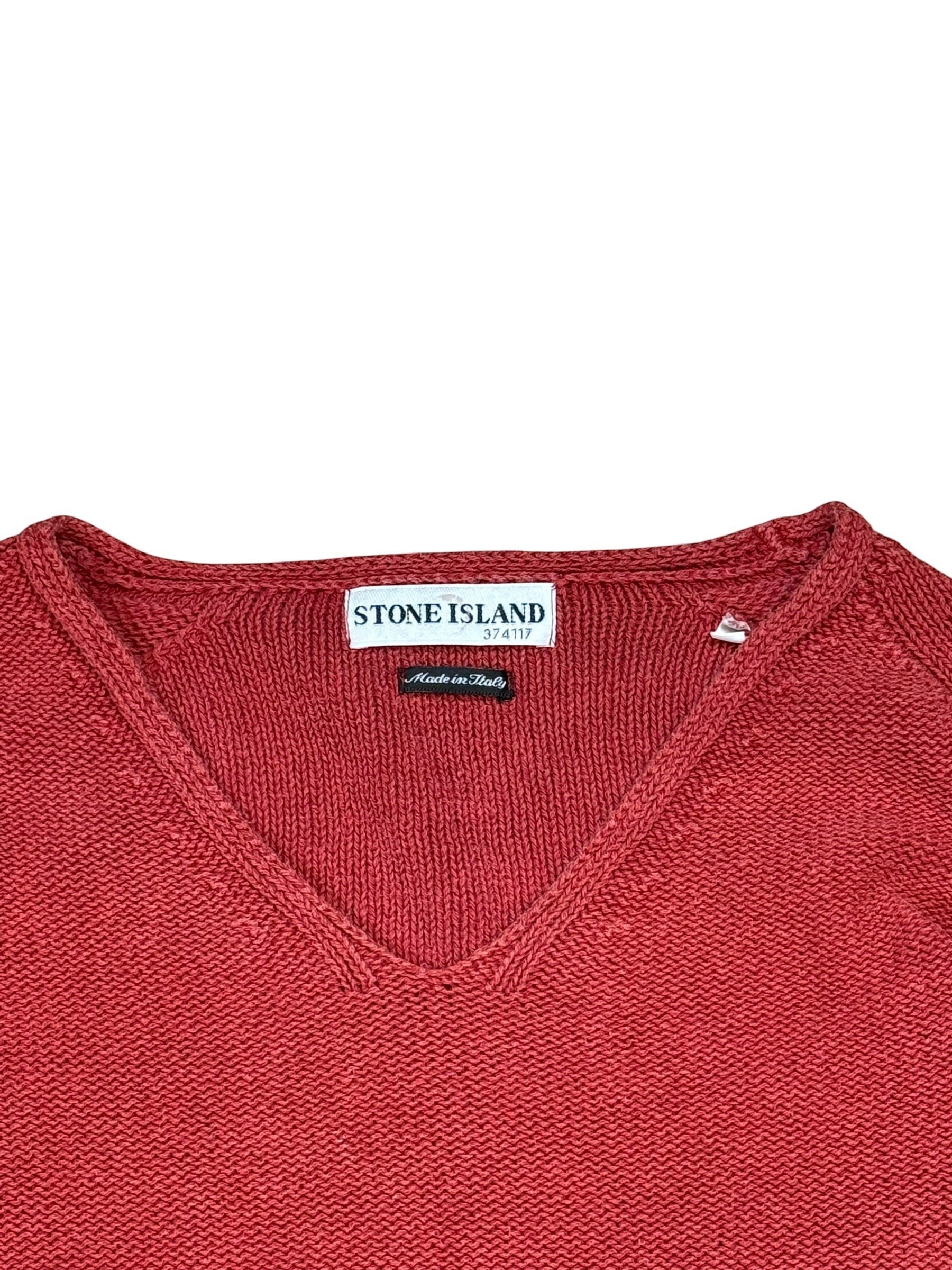 Archive No. 9 red 100% cotton Stone Island vintage knit v-neck jumper, size L, made in Italy.