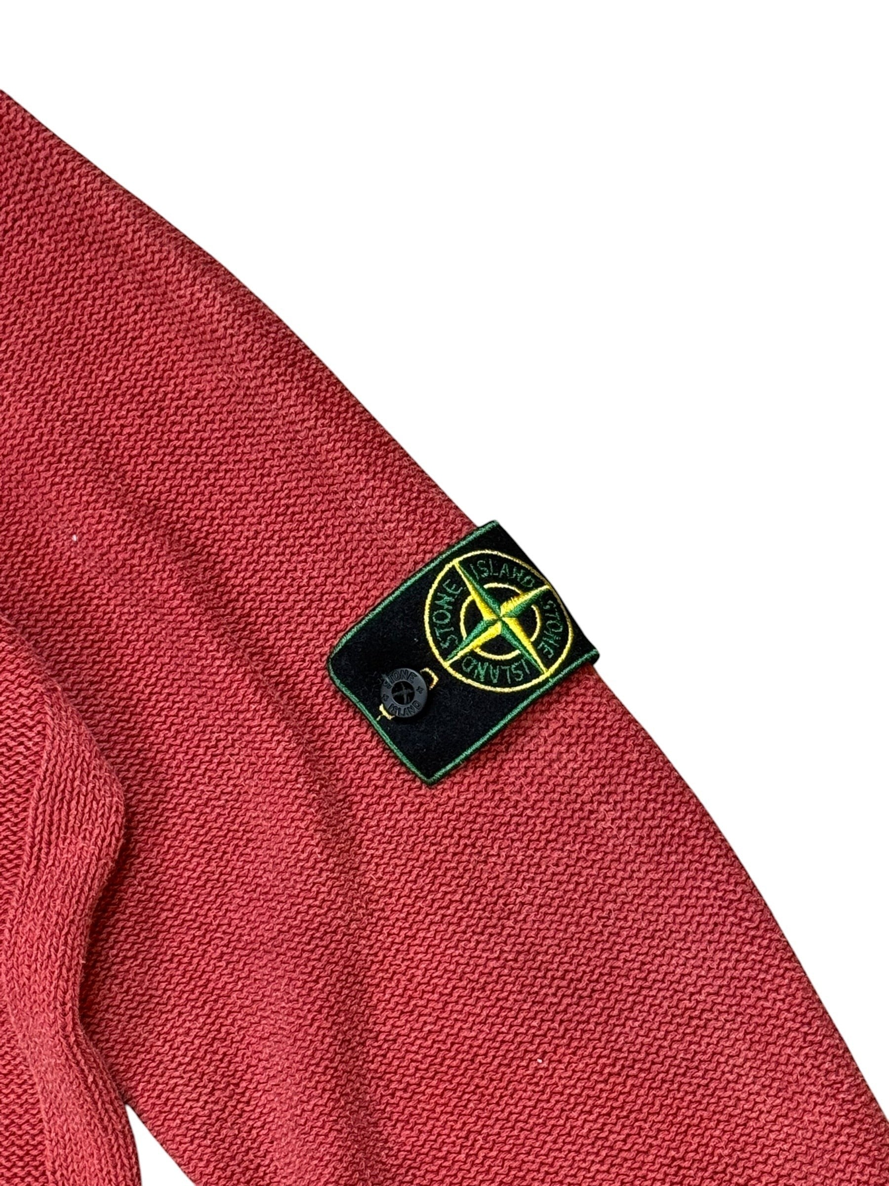 Archive No. 9 red 100% cotton Stone Island vintage knit jumper with iconic badge on sleeve.