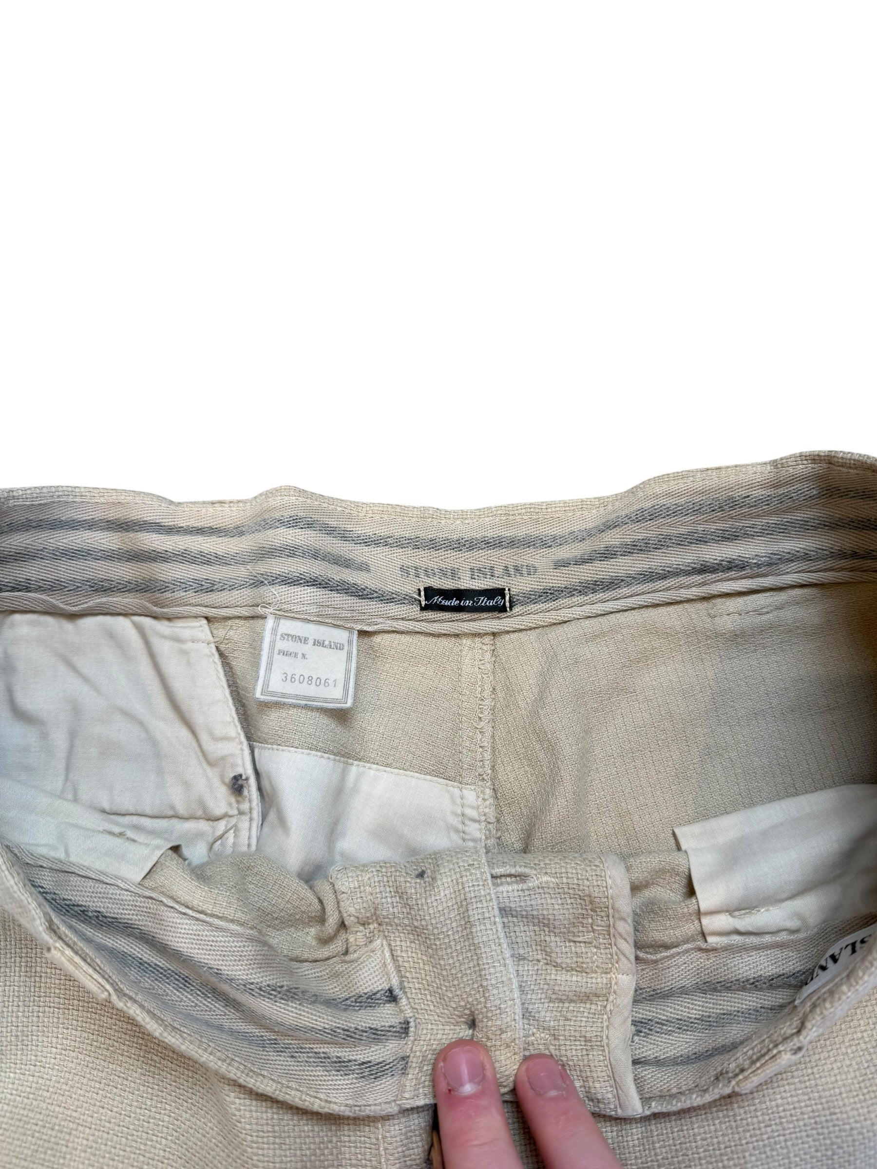 Archive No. 9 vintage Stone Island beige chino shorts, size L, made in Italy from the 1996 Massimo Osti era.