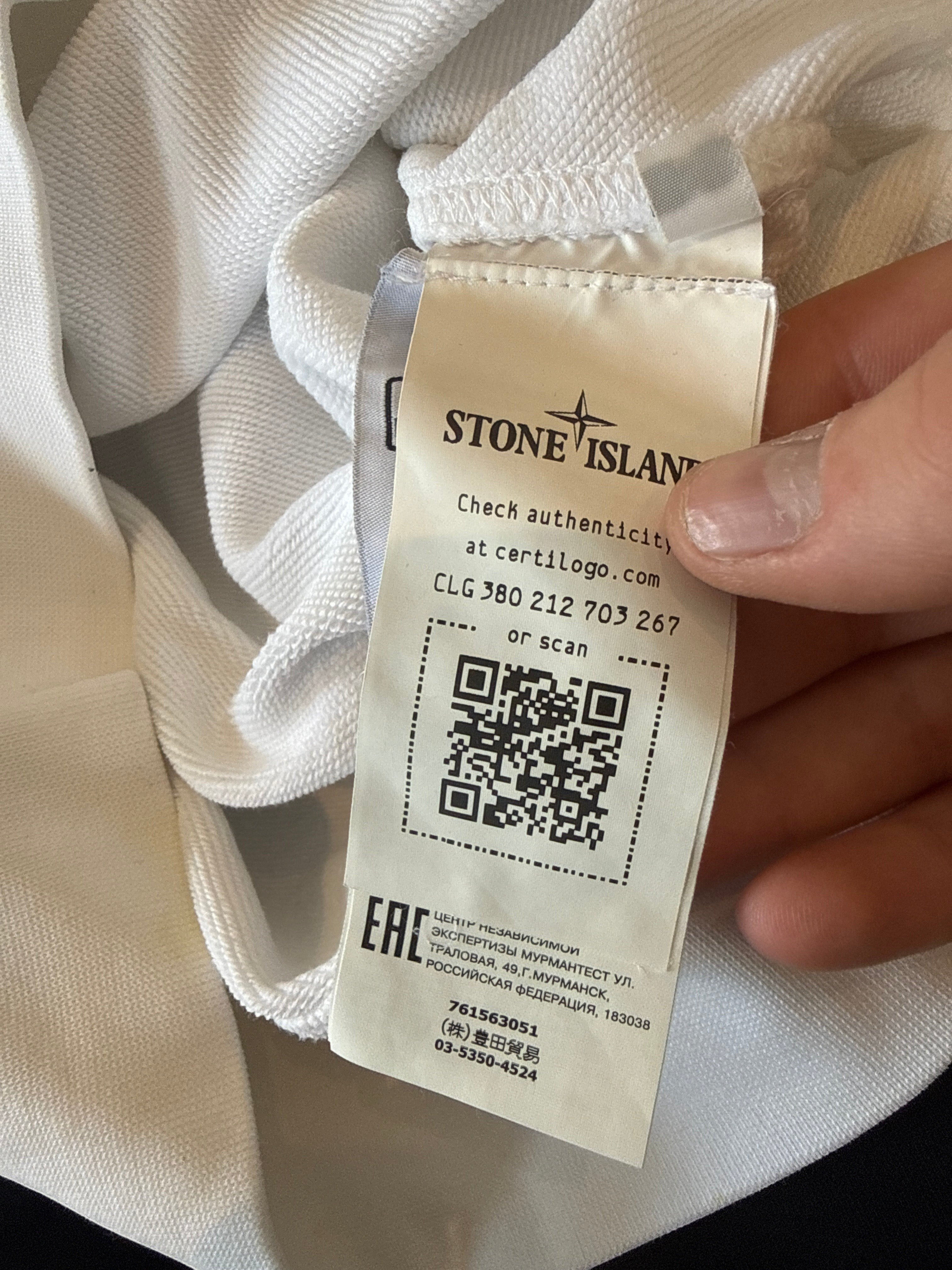 Archive No.9 Stone Island white cotton jumper authenticity tag with Certilogo QR code and product details