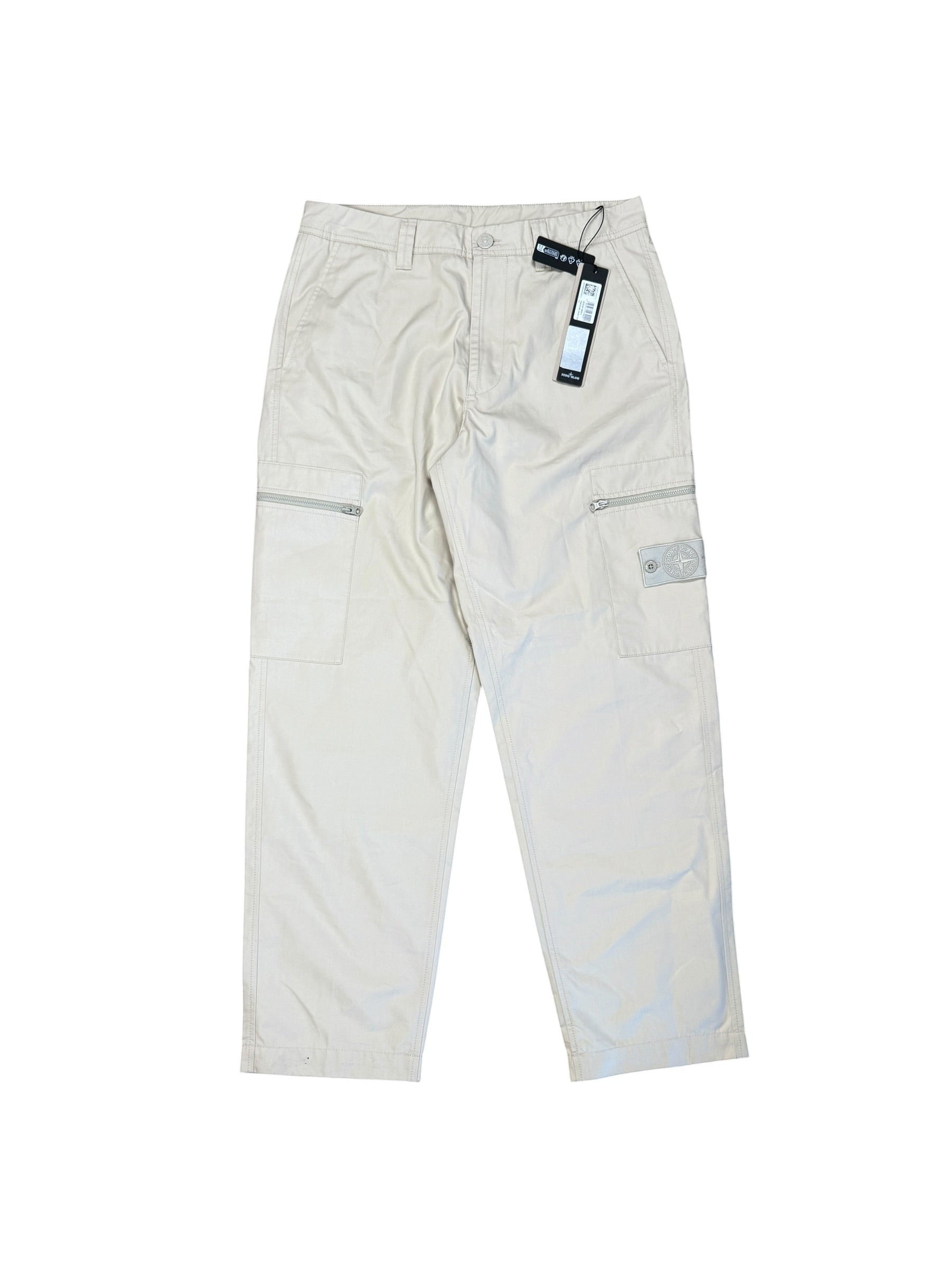 Archive No. 9 beige 100% cotton Stone Island Ghost cargo trousers with zip pockets and iconic badge, size W31.