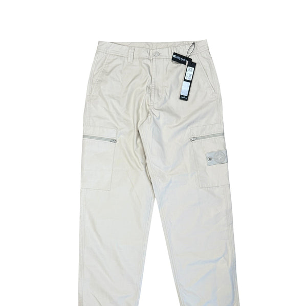 Archive No. 9 beige 100% cotton Stone Island Ghost cargo trousers with zip pockets and iconic badge, size W31.