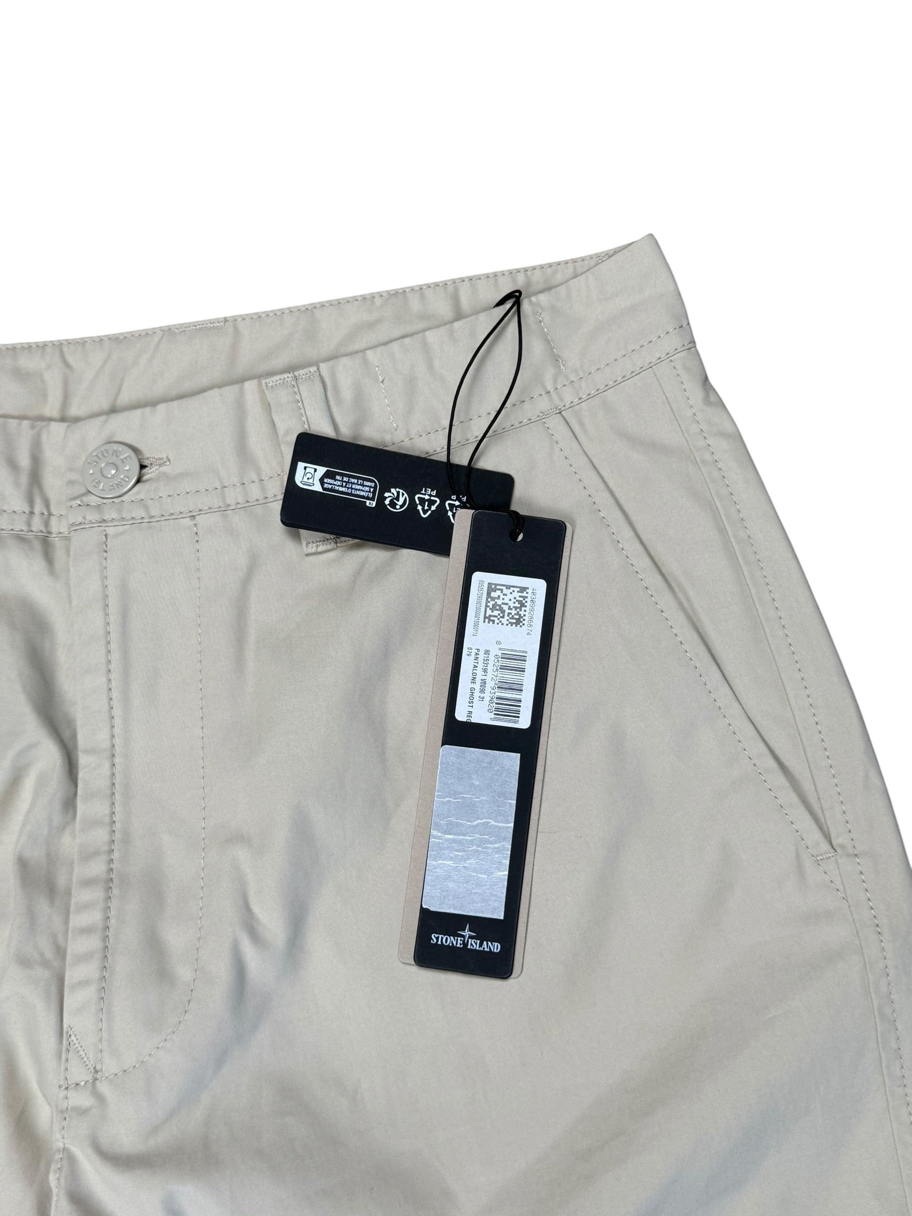 Archive No. 9 Stone Island beige 100% cotton cargo trousers, size W31, with multi-pocket design and iconic ghost badge.