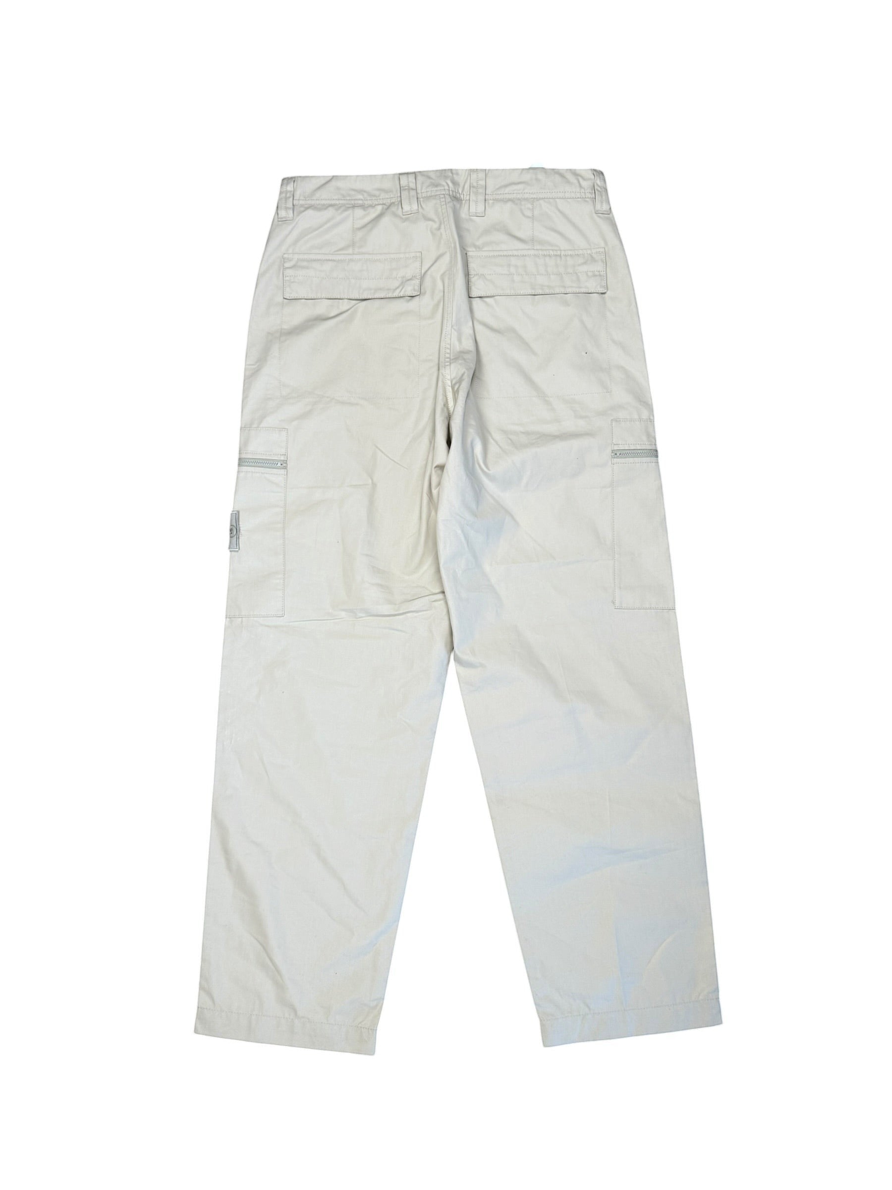 Archive No. 9 beige Stone Island waterproof cargo trousers, 100% cotton, size W31, with multi-pocket and zip design.