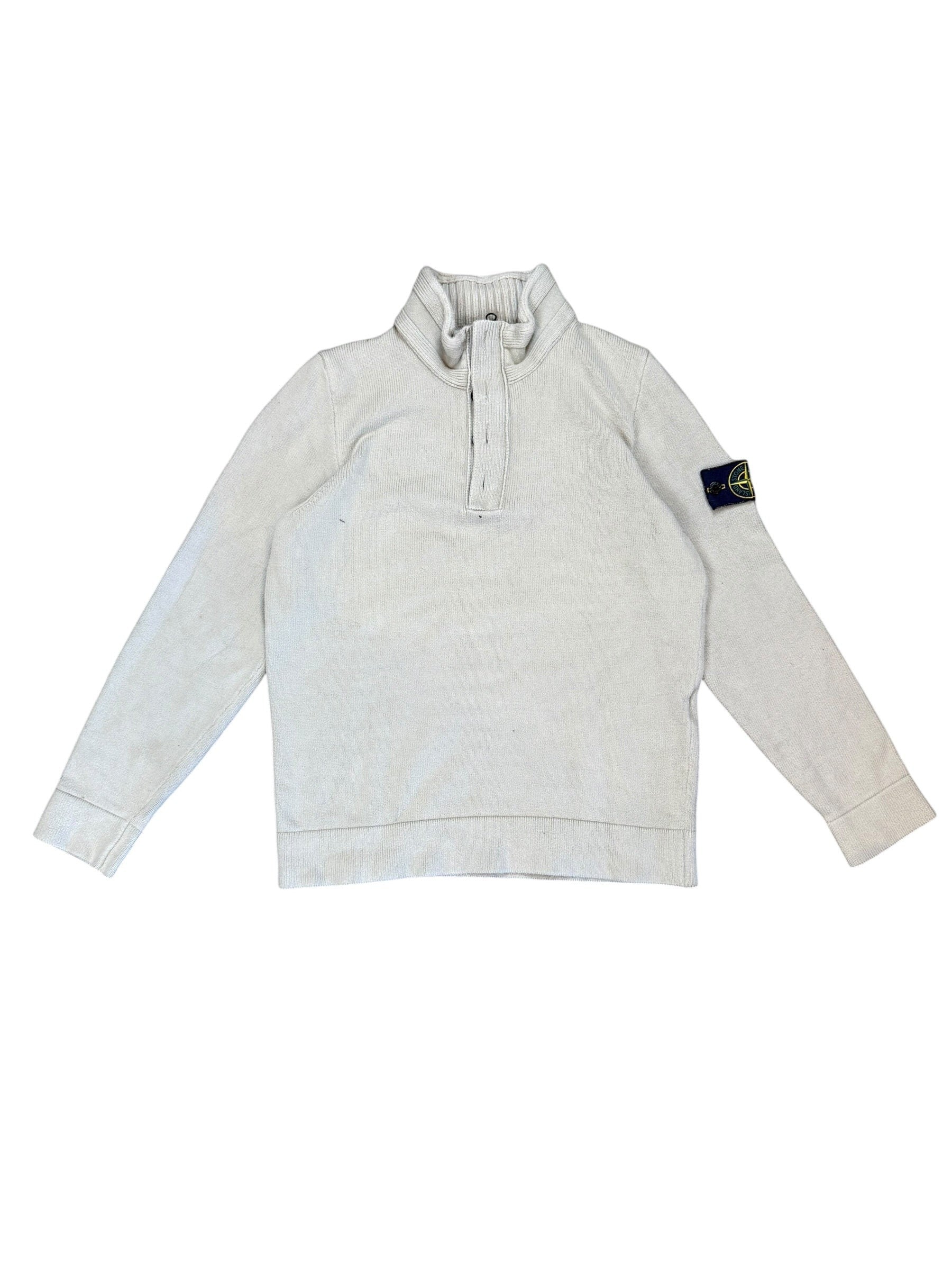 Archive No.9 Stone Island beige knitted Quarter Zip jumper with iconic badge on sleeve, size L.