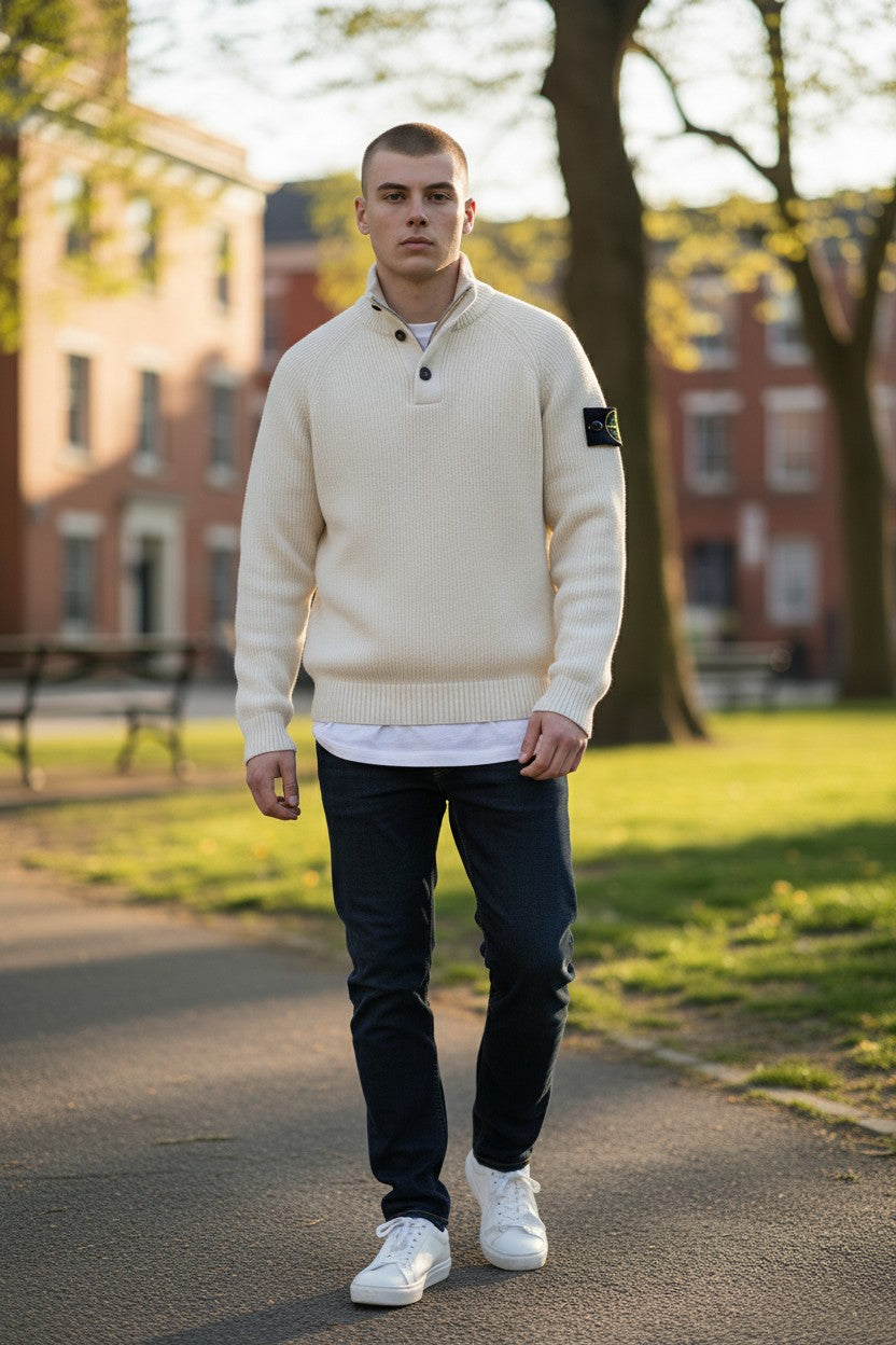 Archive No.9 vintage beige knitted Quarter Zip jumper with button detail and iconic Stone Island badge on the sleeve.