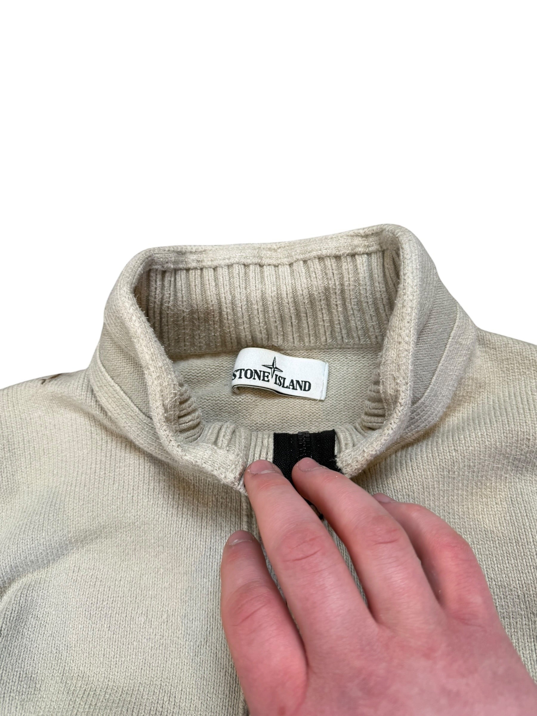 Archive No. 9 Stone Island beige knitted Quarter Zip jumper, size L, with iconic badge detail.