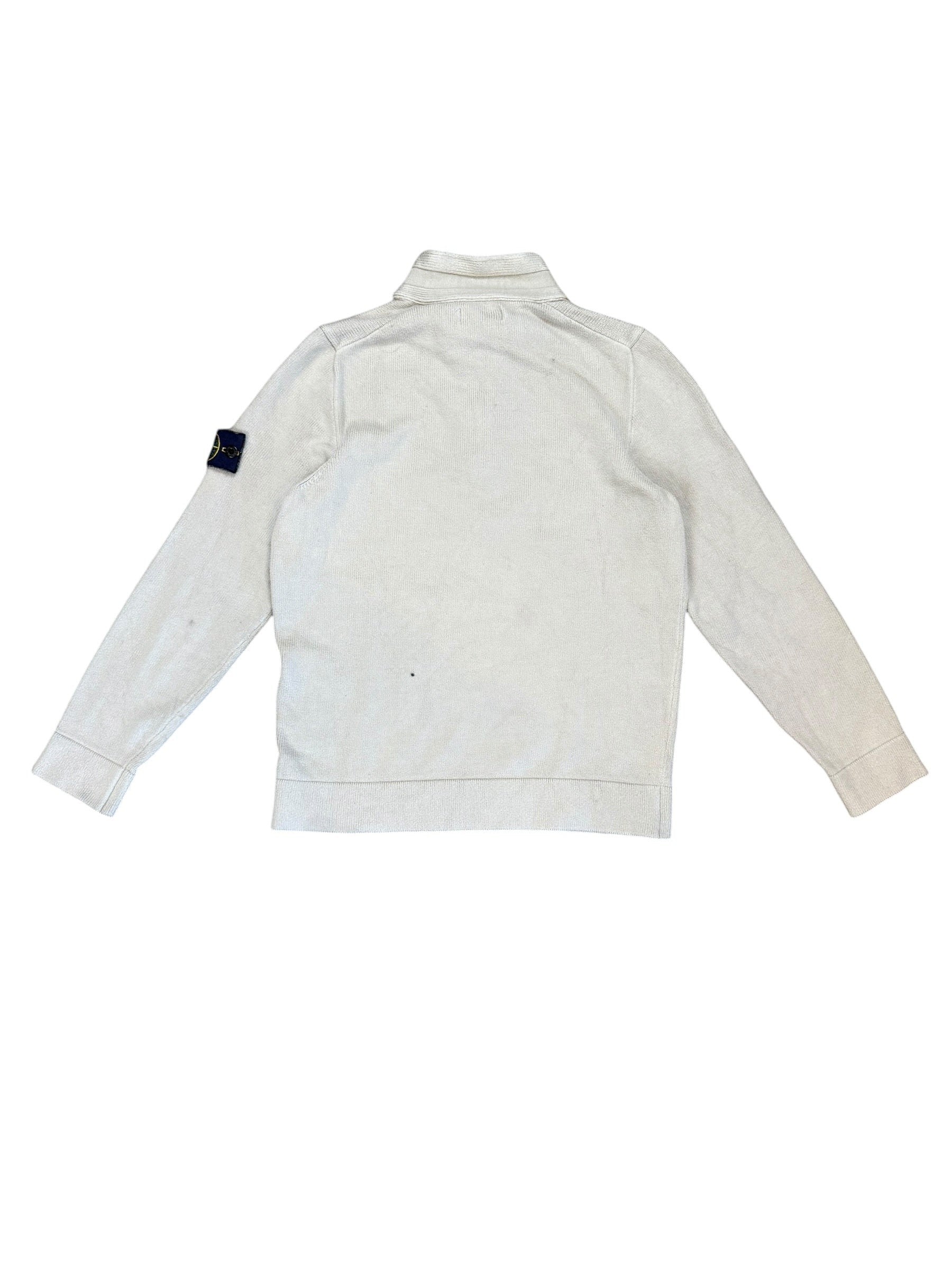 Archive No. 9 beige knitted Quarter Zip jumper with Stone Island badge on sleeve, size L.