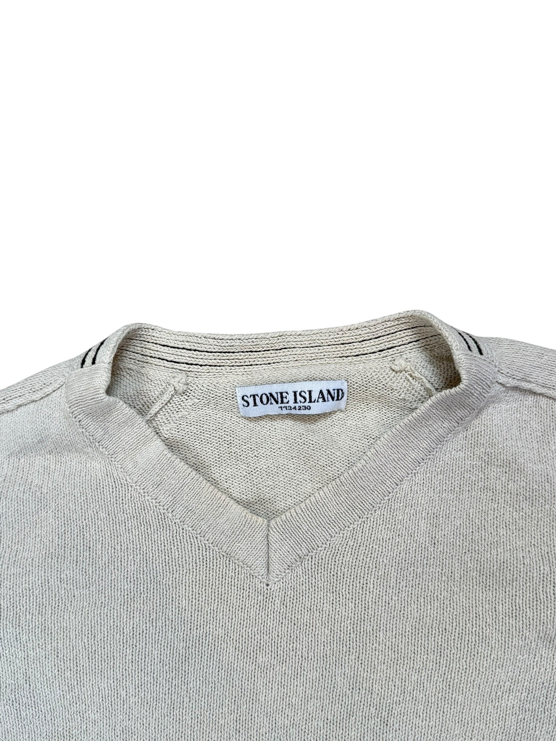 Archive No. 9 Stone Island beige v-neck Knit Jumper, size M. Reissue vintage design with lightweight knit and subtle stripe detail on collar.