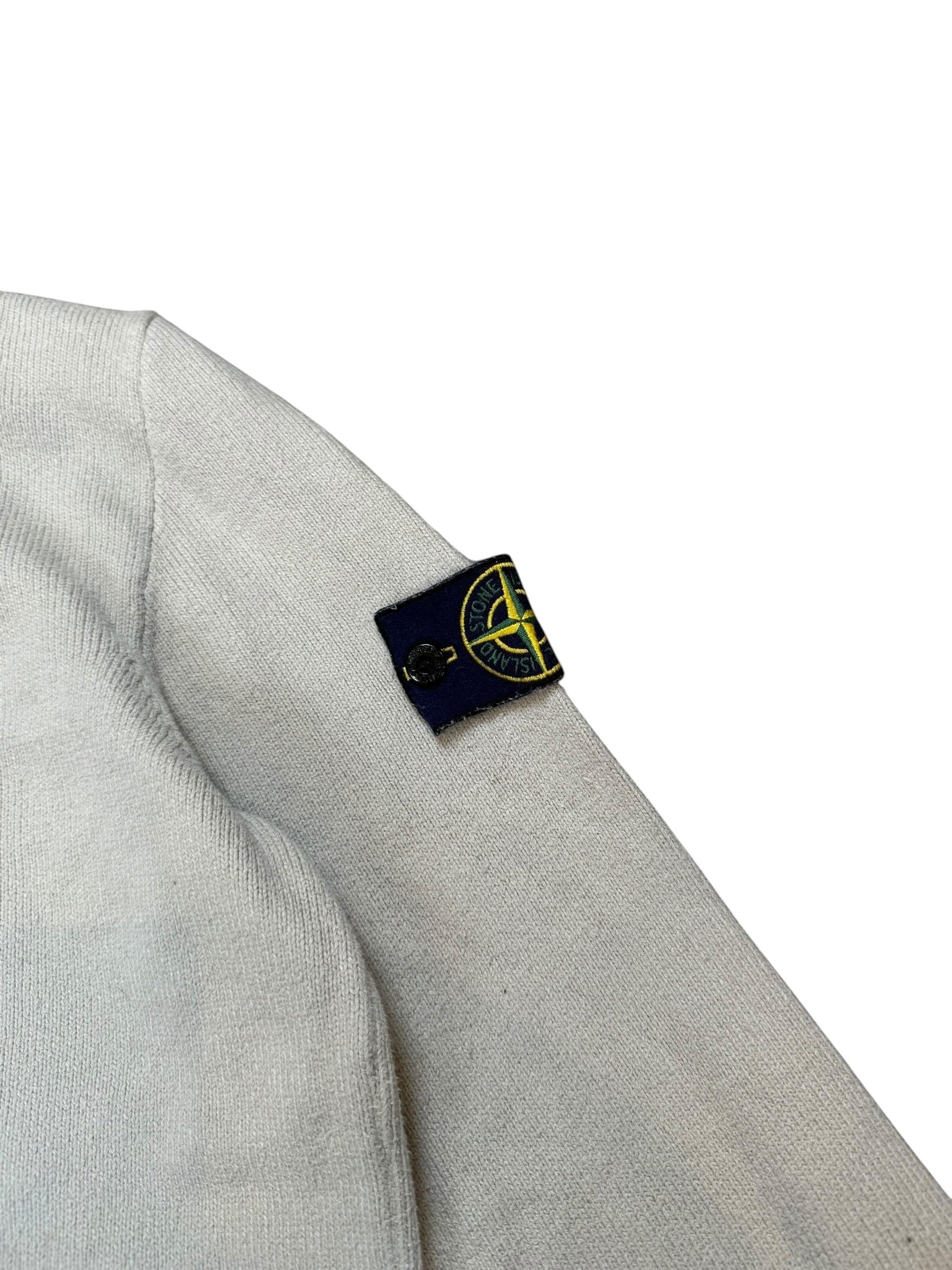 Archive No. 9 beige knitted Quarter Zip jumper with iconic Stone Island badge on sleeve, size L.