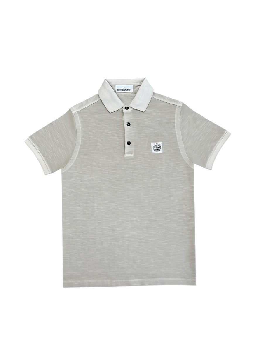 Archive No.9 Stone Island beige cotton polo shirt with iconic compass logo patch on chest and button placket
