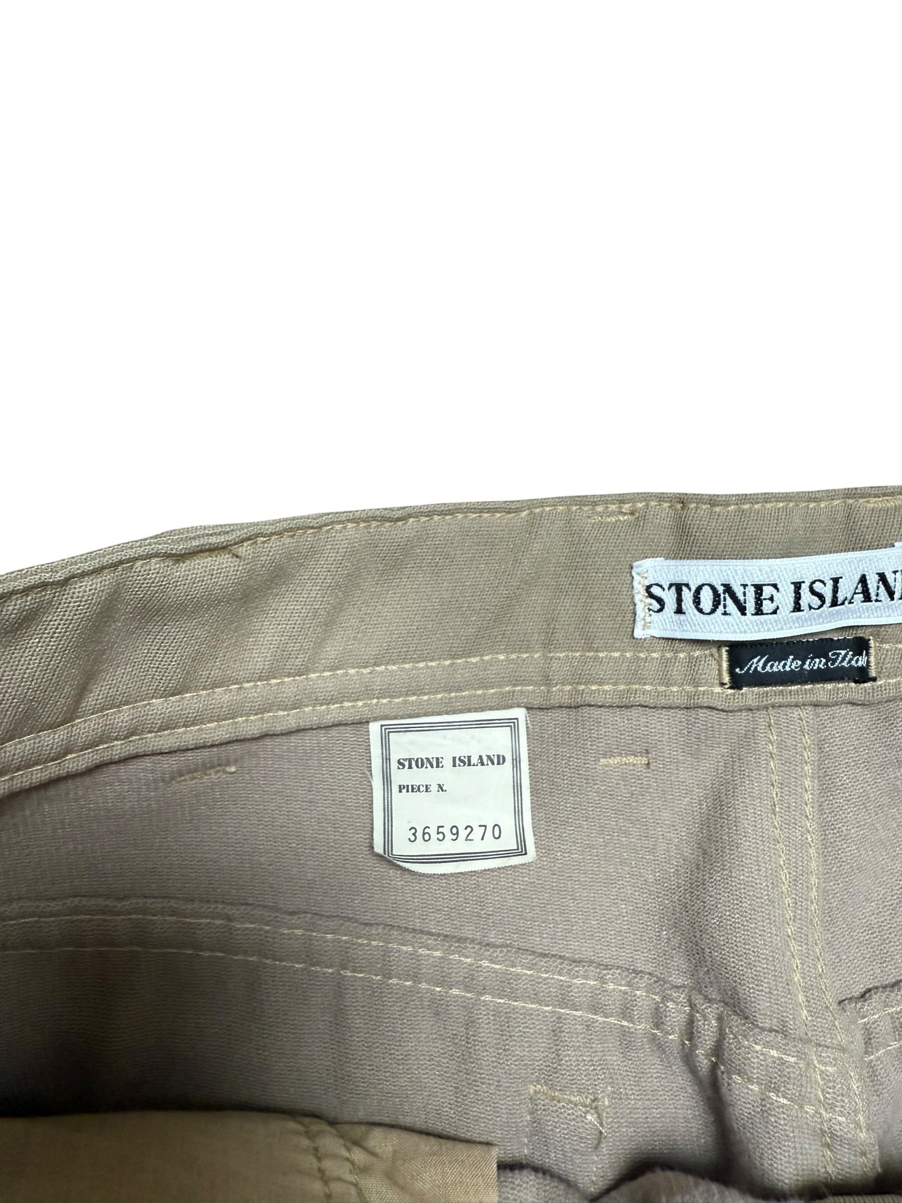 Archive No. 9 Stone Island 1996 Marina beige trousers with leather patch detail. Size W36.