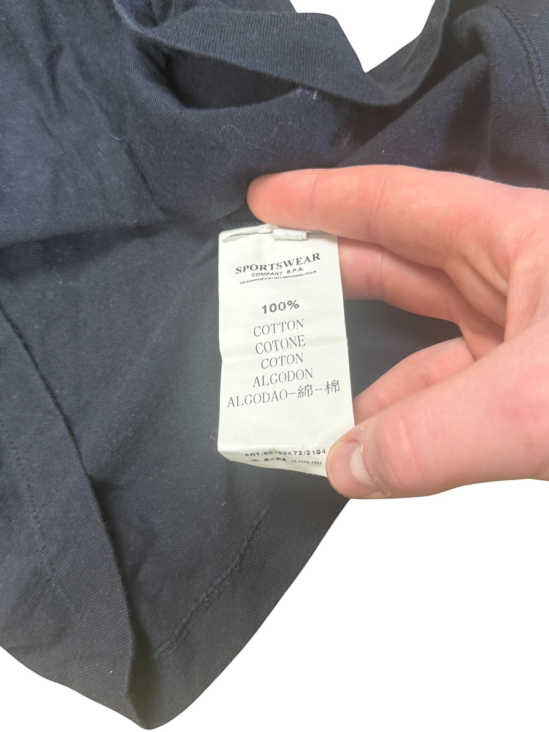 Archive No. 9 vintage black 100% cotton Stone Island t-shirt with pink stripe detail and iconic spell out on front. Size M.