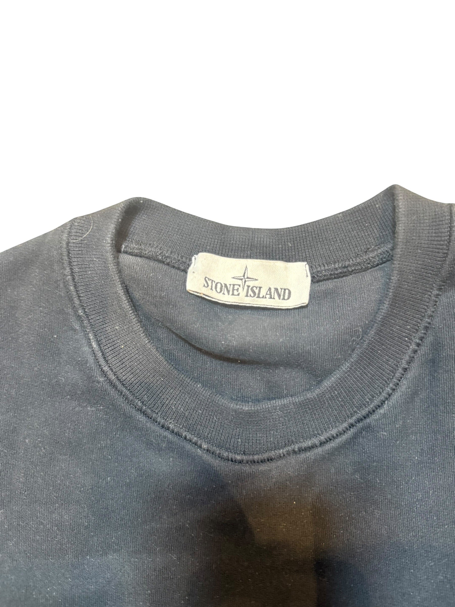 Archive No. 9 black Stone Island Crew Neck sweater, size S, made in Italy with fleeced interior and iconic compass badge.