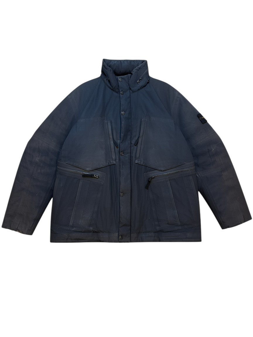 Archive No. 9 black Stone Island down-filled jacket with zip-away hood, water and wind resistant, size XL.