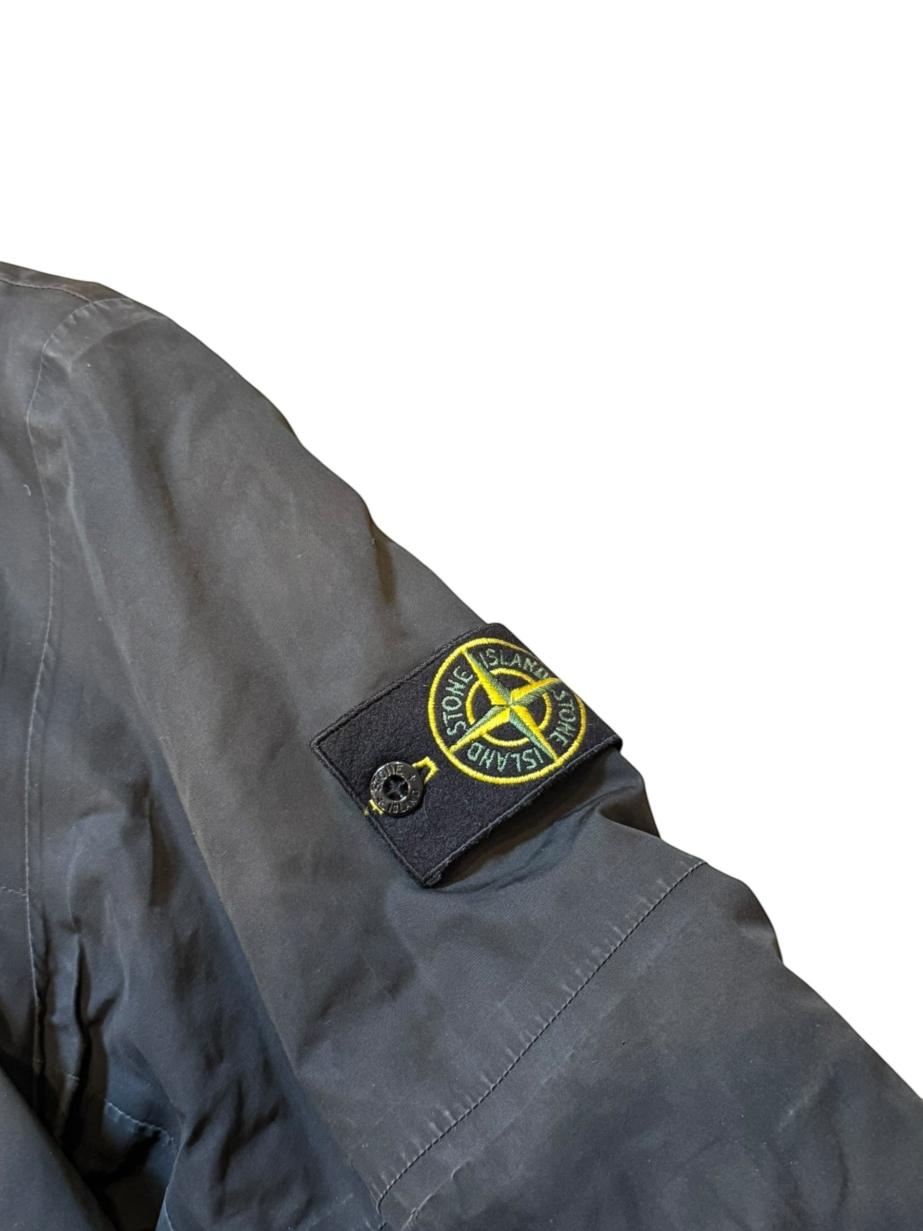 Archive No. 9 black Stone Island down jacket with zip-away hood, water and wind resistant, size XL.