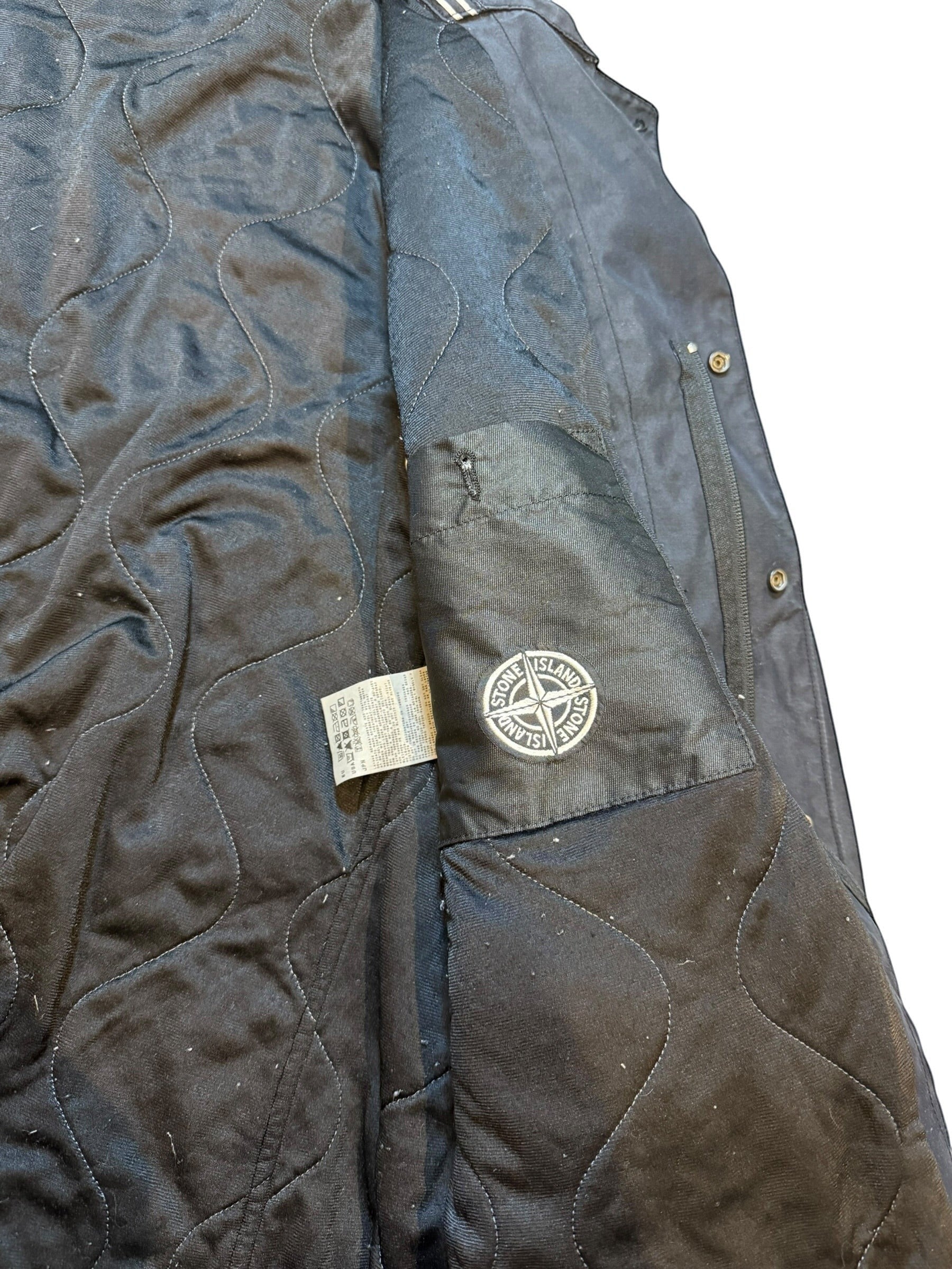 Archive No. 9 black Stone Island down Harrington jacket with velvet lining and quilted interior. Size XL.