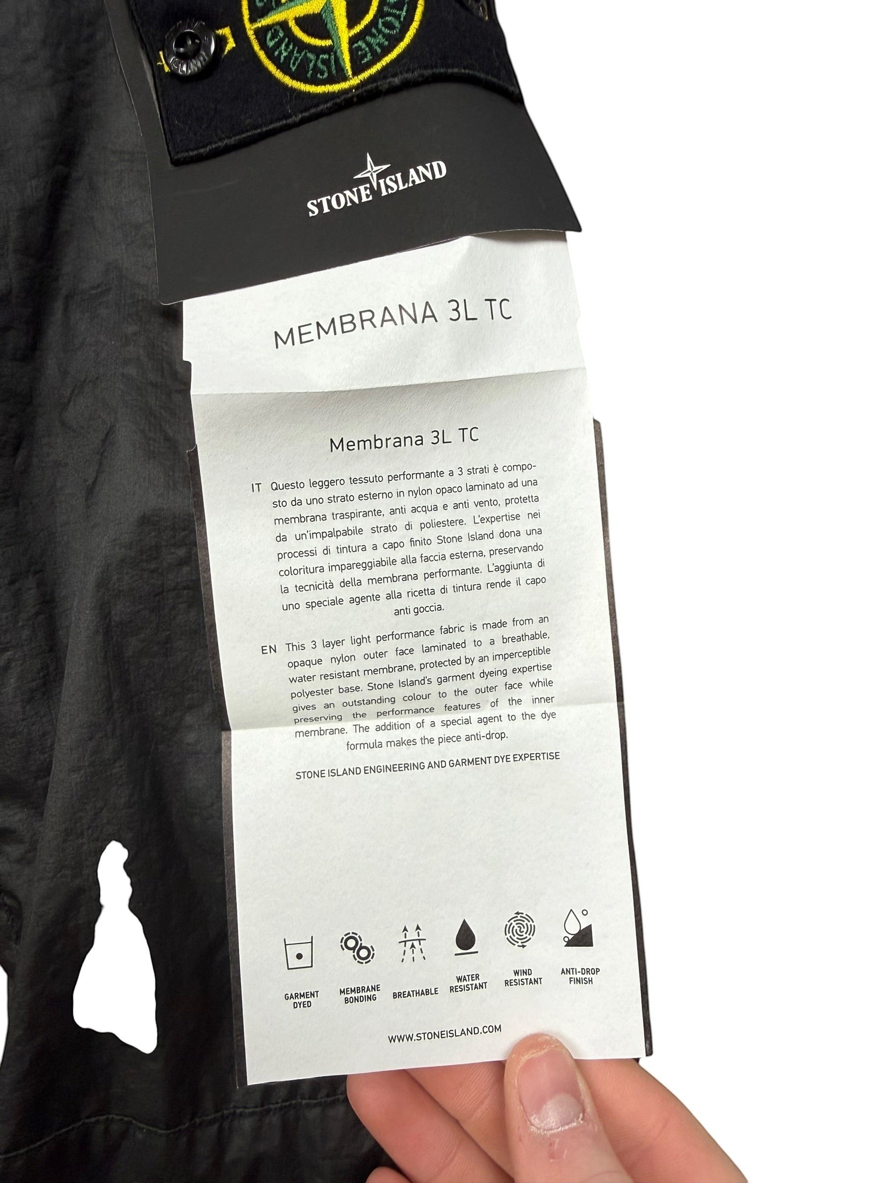 Archive No. 9 Stone Island black Membrana 3L TC waterproof jacket, regular fit, size M. Features technical fabric.