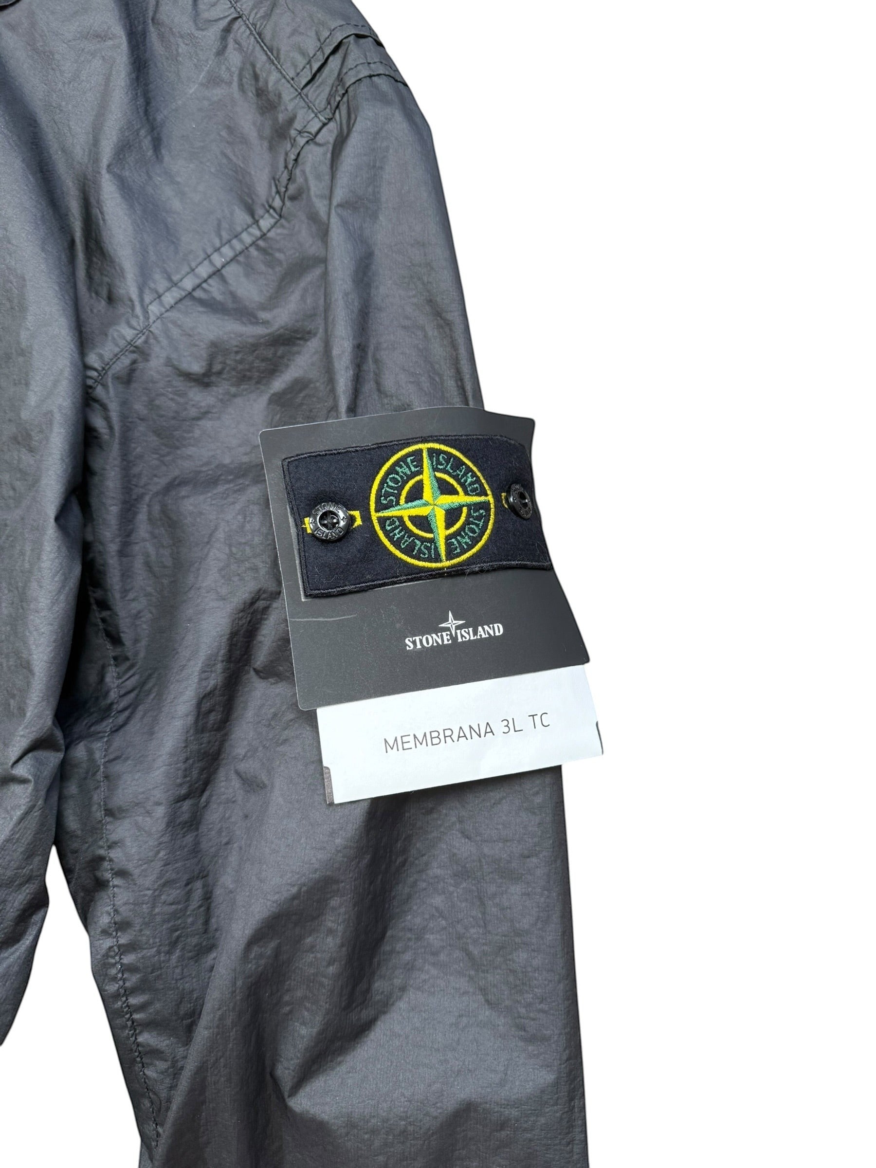 Archive No. 9 Stone Island black Membrana 3L TC waterproof jacket, size M. Features iconic compass badge.