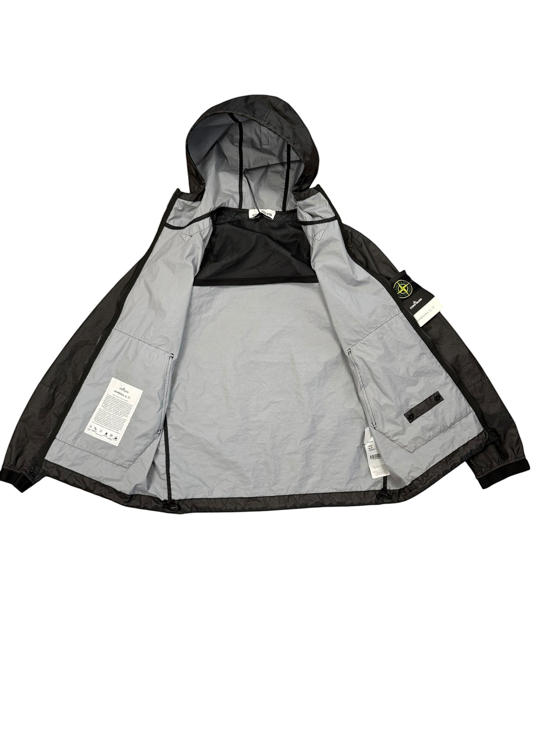 Archive No. 9 Stone Island black Membrana 3L TC waterproof jacket, size M, with hood and mesh lining.