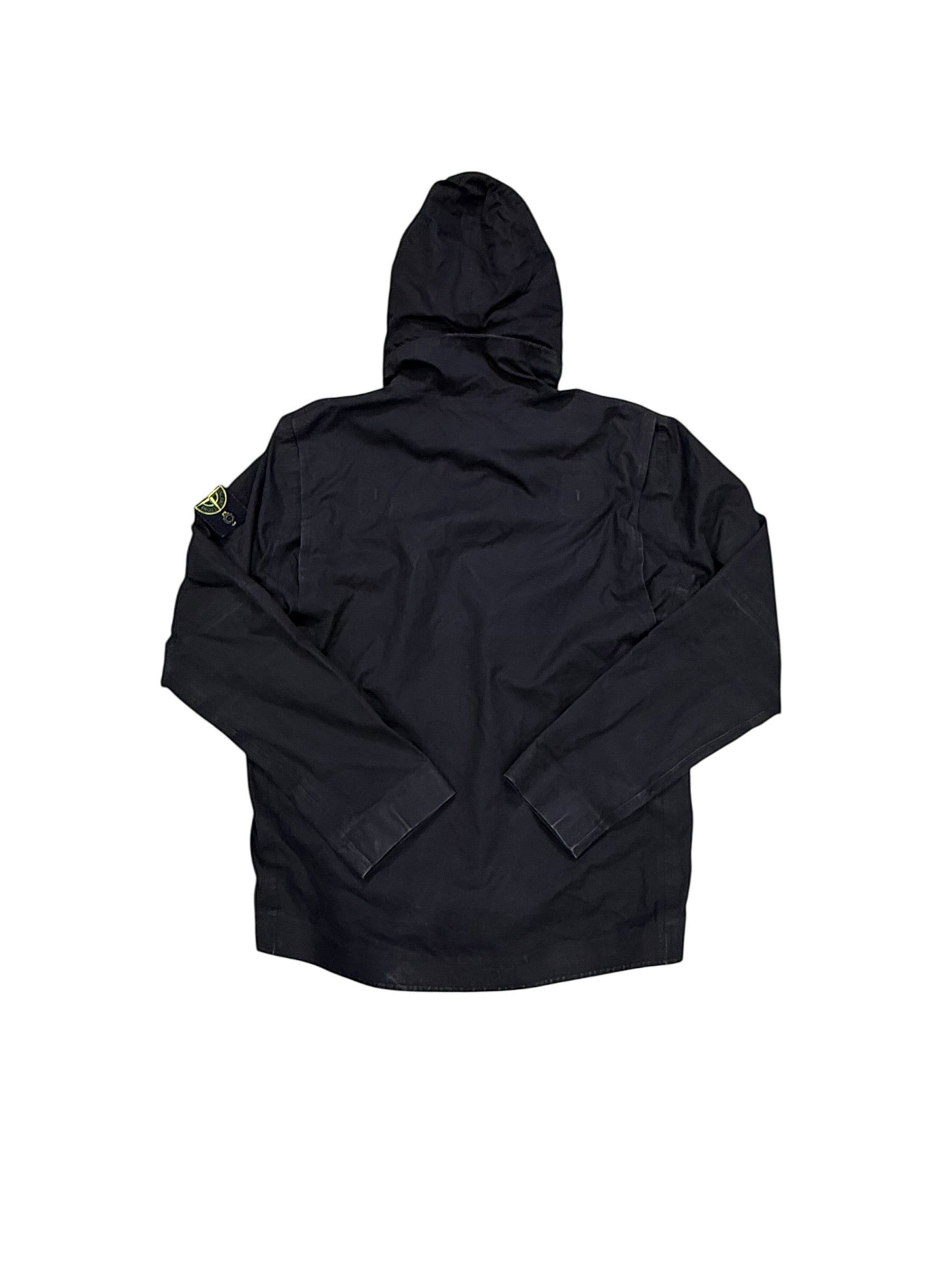 Archive No. 9 black Stone Island Ventile shell jacket with zip-away hood, size M. Waterproof and wind-resistant.