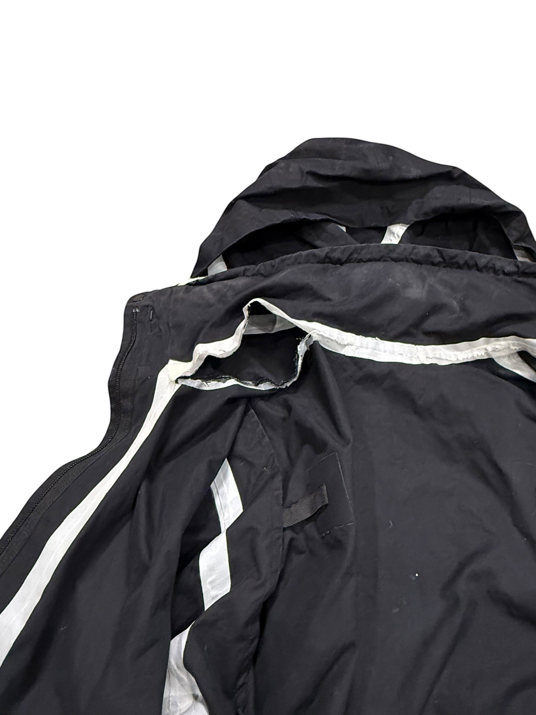 Archive No. 9 black Stone Island Ventile windbreaker jacket with white trim and zip-in hood. Size M.