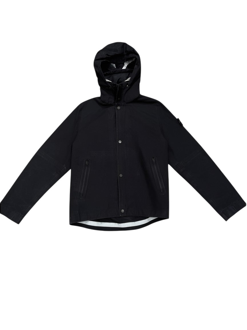 Archive No. 9 black Stone Island Ventile shell jacket with zip-away hood, size M. Waterproof and wind-resistant.