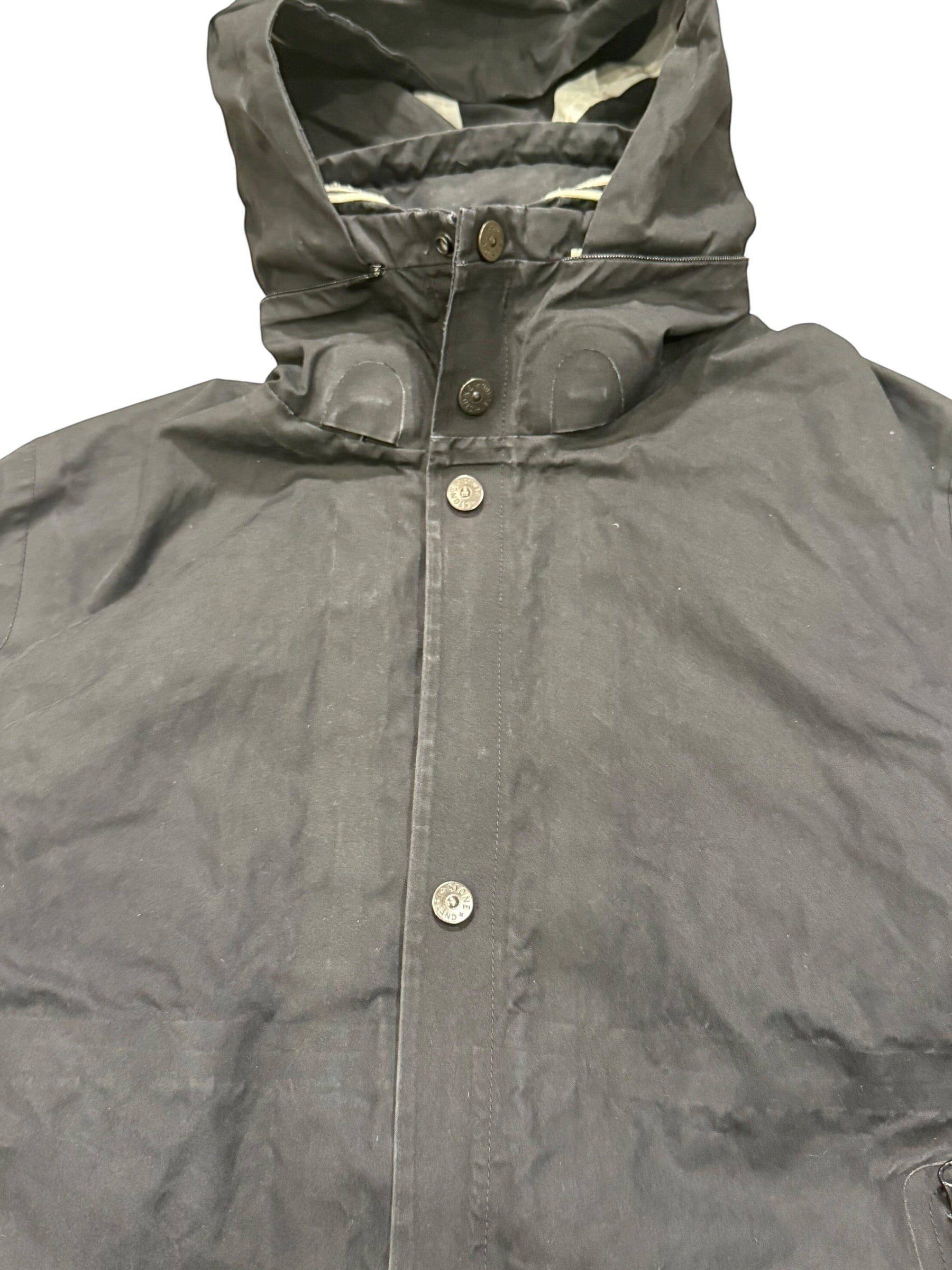 Archive No. 9 black Stone Island Ventile shell jacket with zip-away hood, size M. Waterproof and wind-resistant.