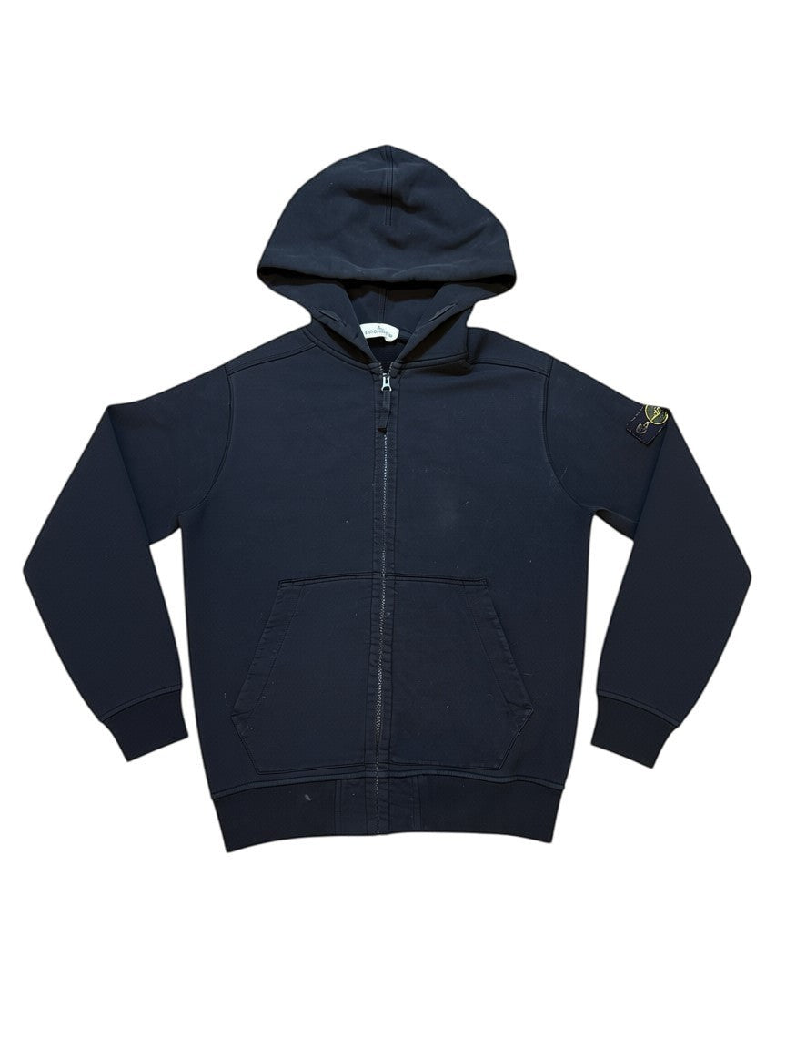 Archive No. 9 black Stone Island zip-up hoodie with compass badge on sleeve, fleeced interior, size S.