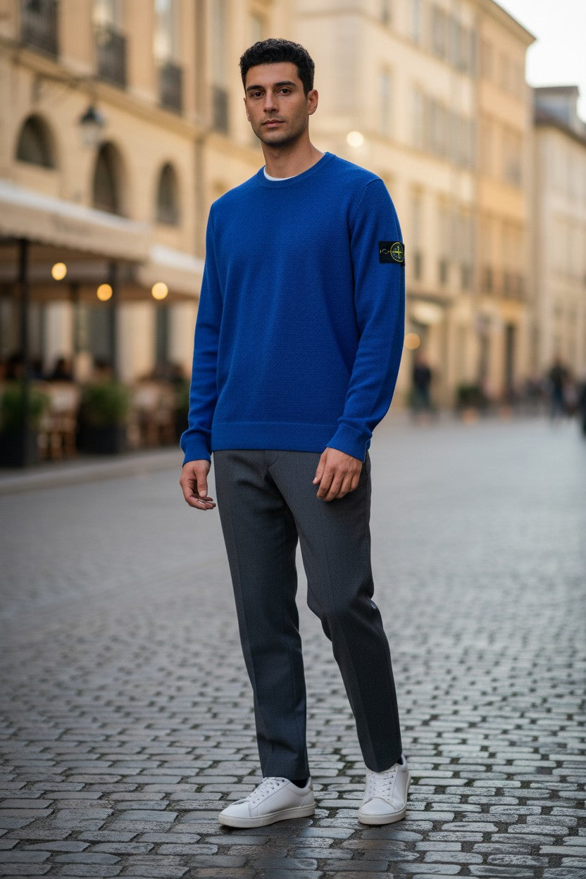 Archive No. 9 vintage blue cotton Stone Island Knit Jumper with crew neck and signature compass badge on sleeve.