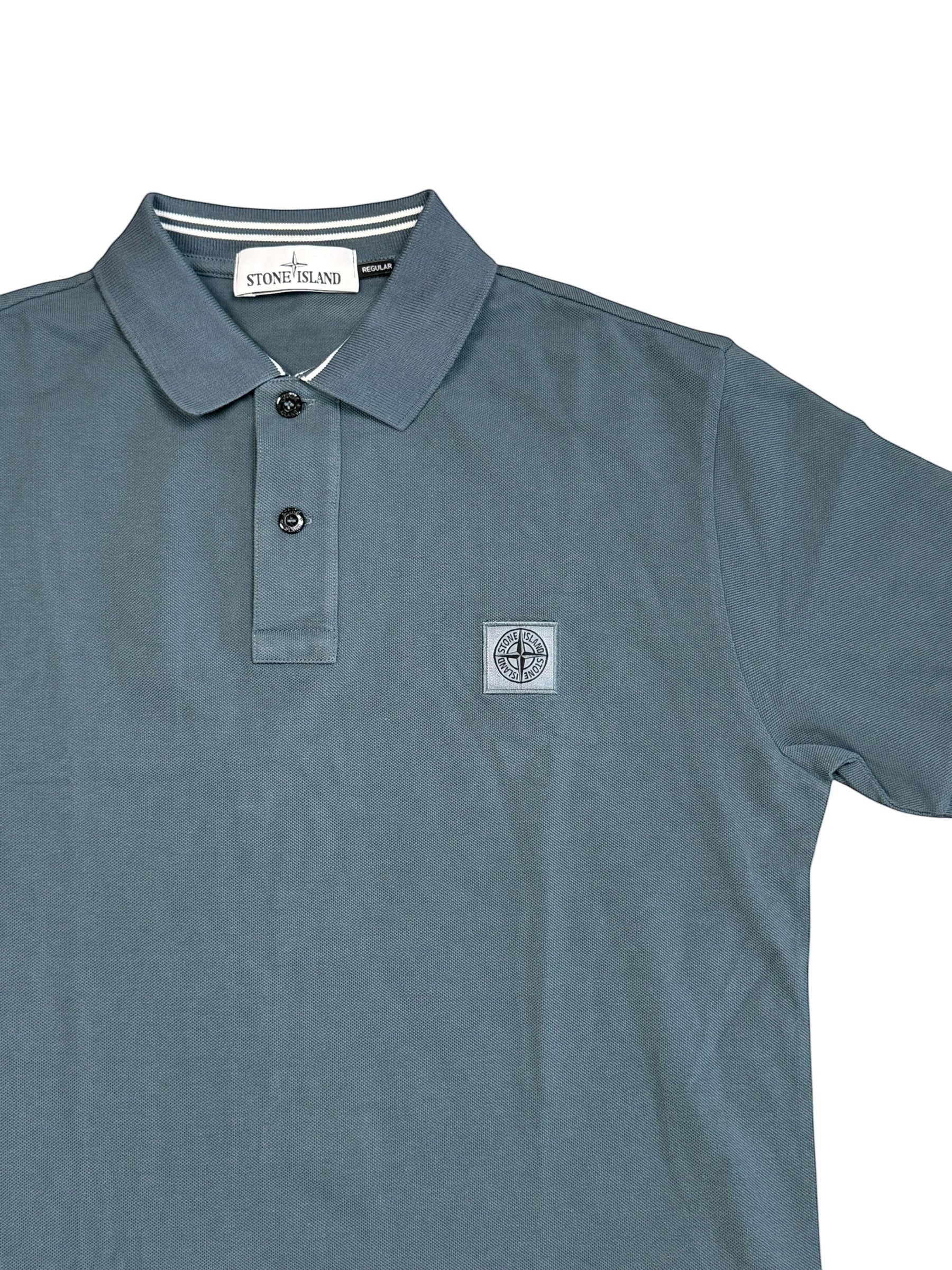 Archive No.9 Stone Island blue cotton polo shirt with iconic compass logo patch on the chest and button placket.